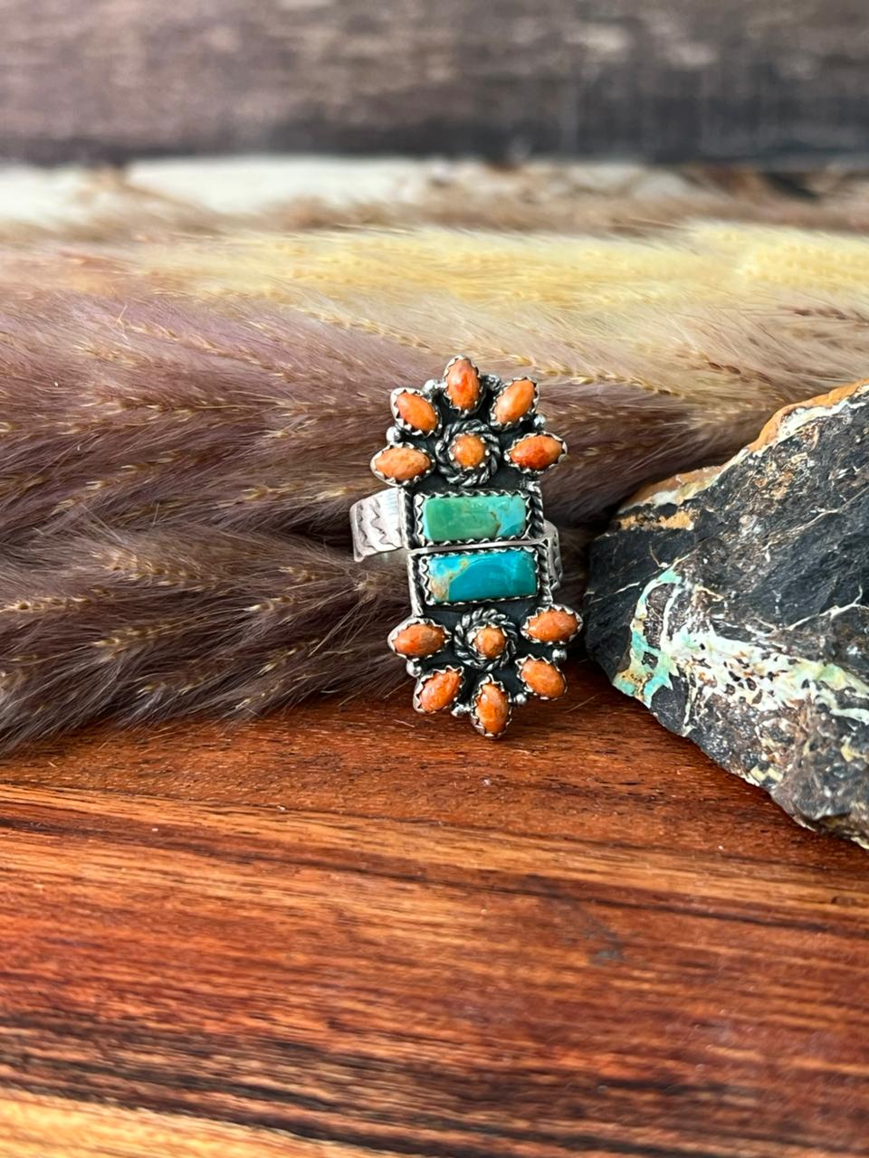 Handmade Sterling Silver Kingman Turquoise with Orange Mojave Adjustable Ring "Signed Nizhoni"
