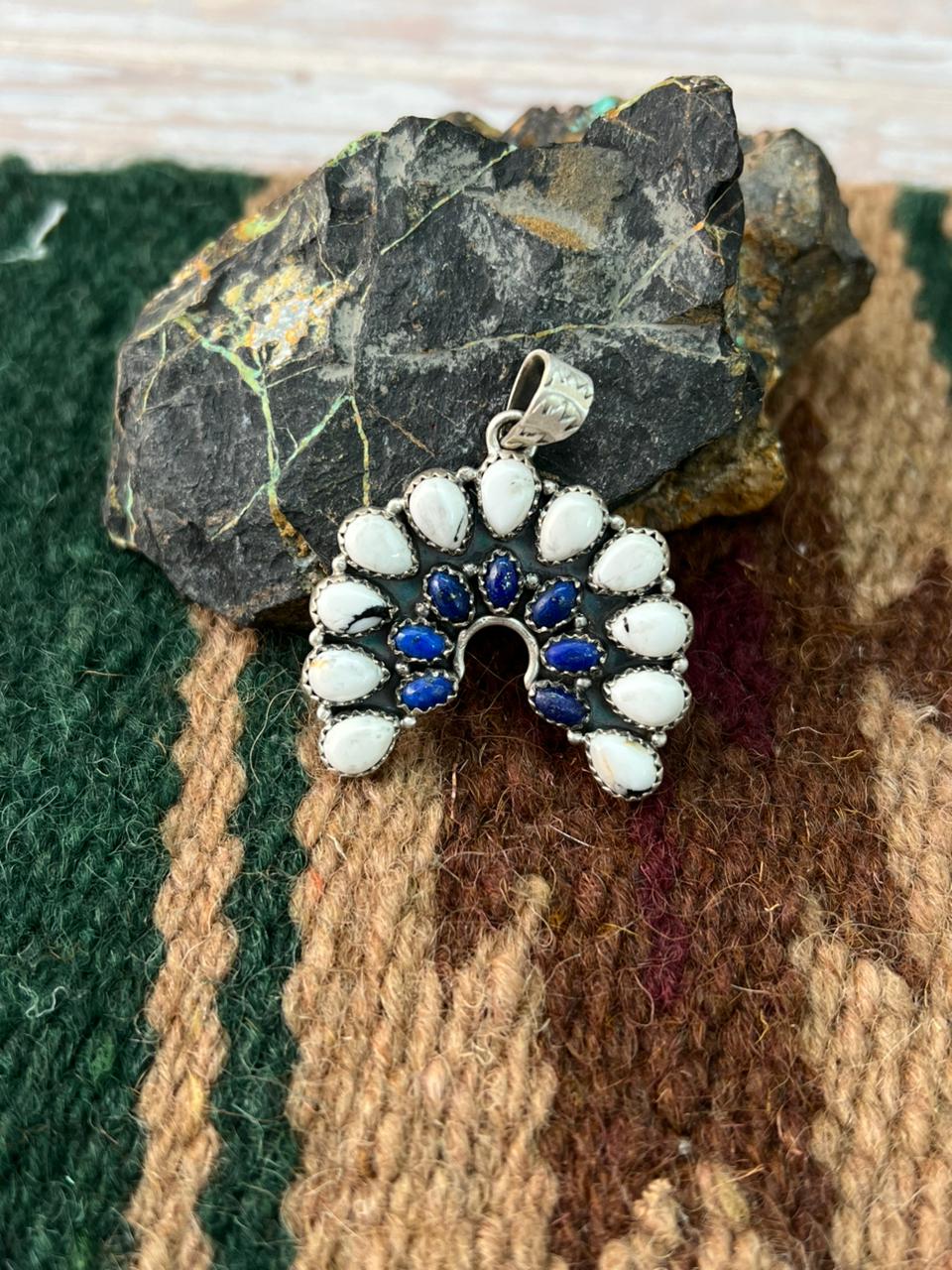 Handmade Sterling Silver White Buffalo with Lapis Naja Pendant "Signed Nizhoni"