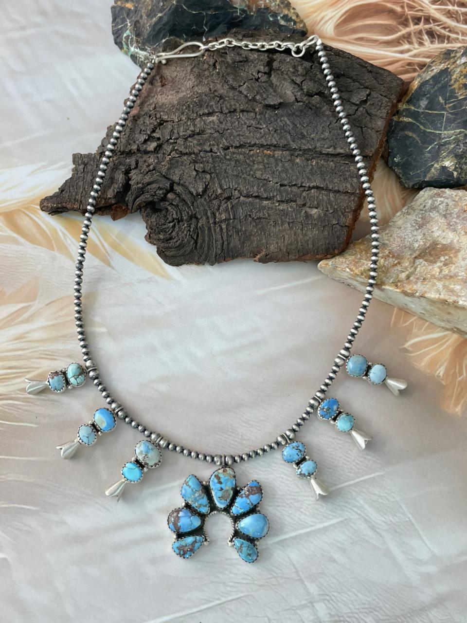 Handmade Sterling Silver Golden Hills Turquoise Naja Beaded Squash Blossom Necklace "Signed Nizhoni"