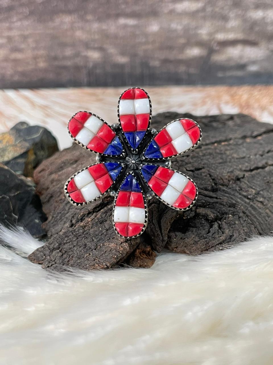 Handmade Sterling Silver 4th Of July Collection: Rosarita with Lapis and White Buffalo Adjustable Ring "Signed Nizhoni"