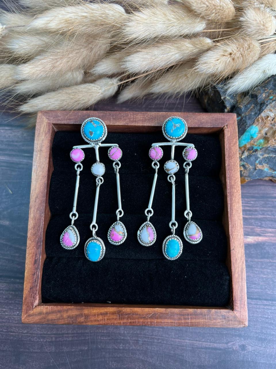 Handmade Sterling Silver Sierra Bella Turquoise with Cotton Candy Collection: Post Dangle Earrings "Signed Nizhoni"