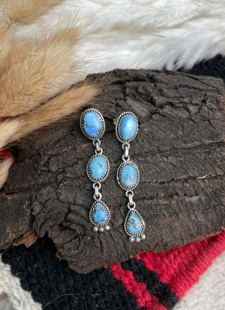 Handmade Sterling Silver Golden Hills Turquoise Post Dangle Earrings "Signed Nizhoni"