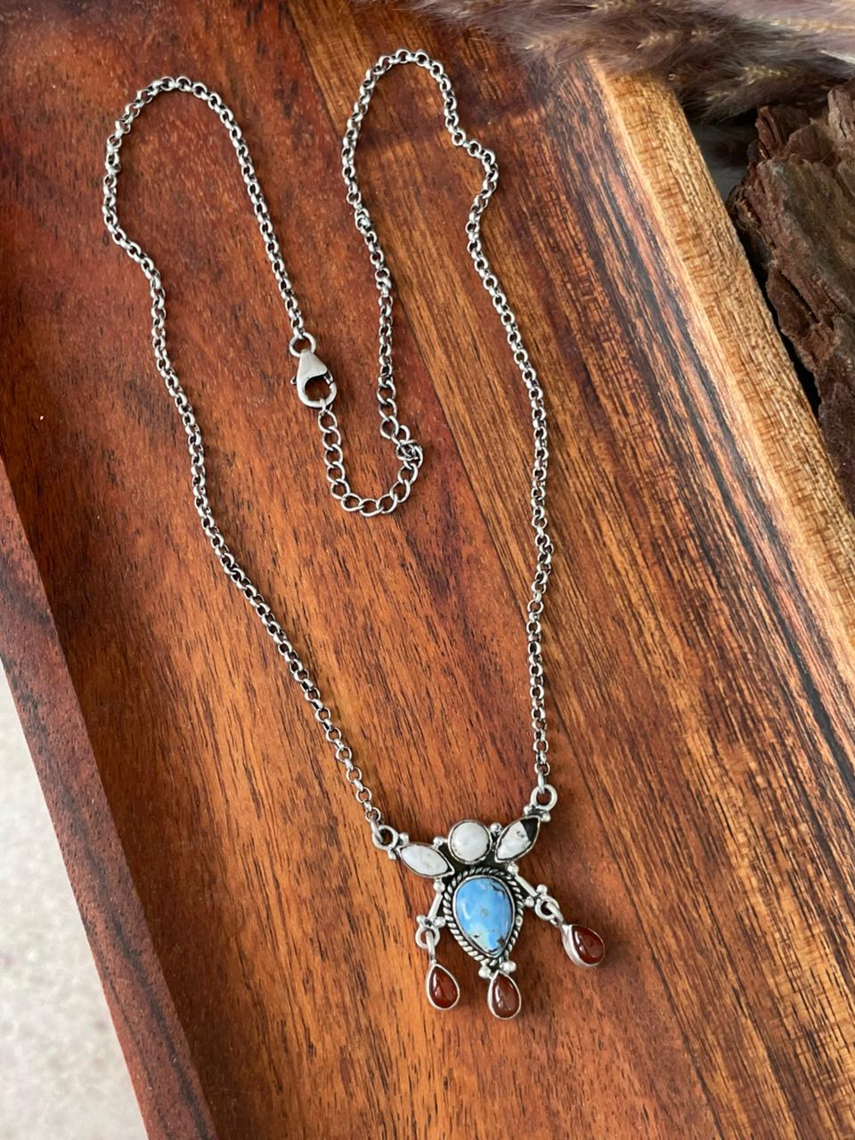 Handmade Sterling Silver Canyon Sunset Collection: Golden Hills Turquoise with White Buffalo and Carnelian Necklace "Signed Nizhoni" (6)