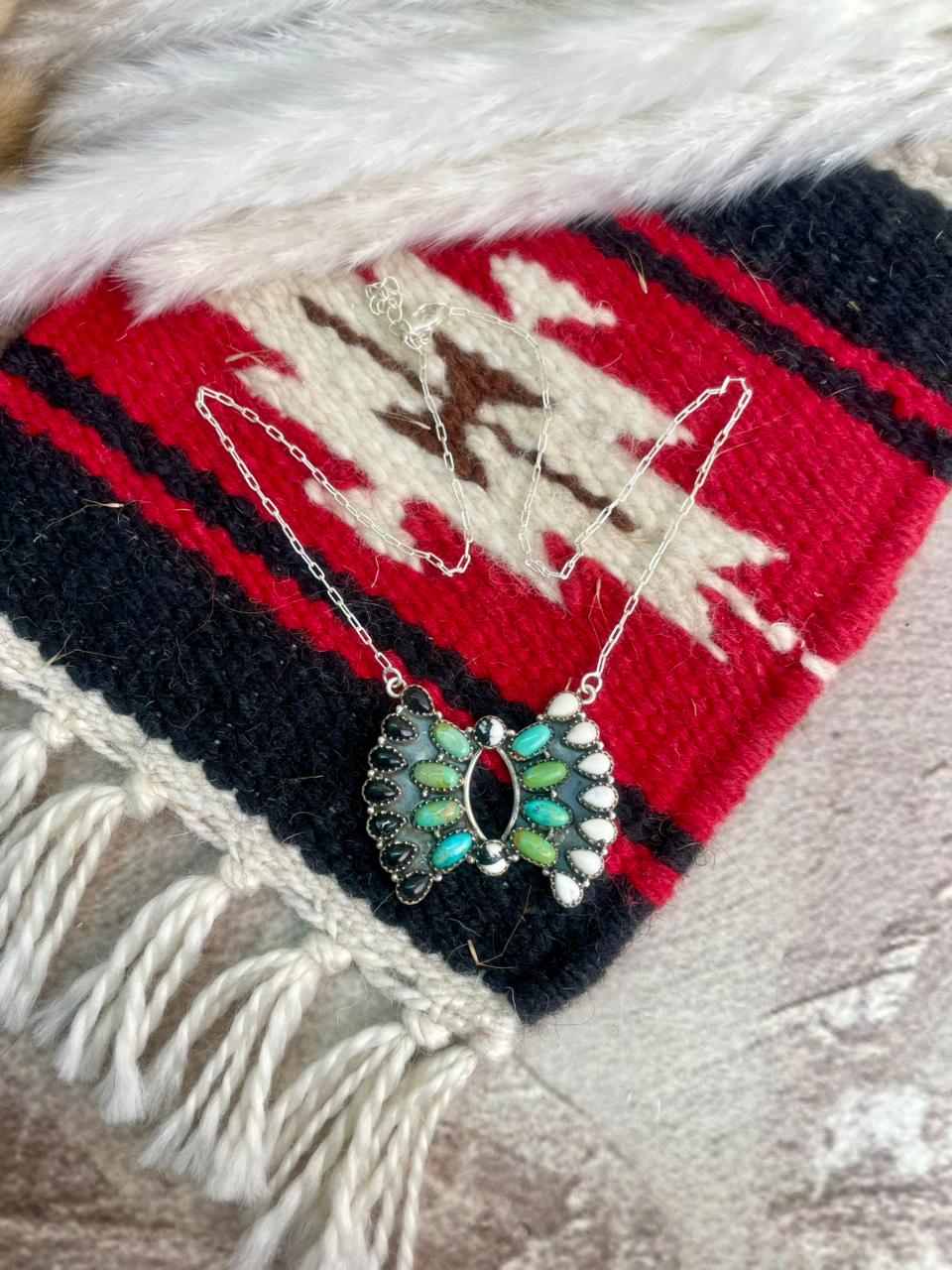 Handmade Sterling Silver Kingman Turquoise with White Buffalo Necklace "Signed Nizhoni"