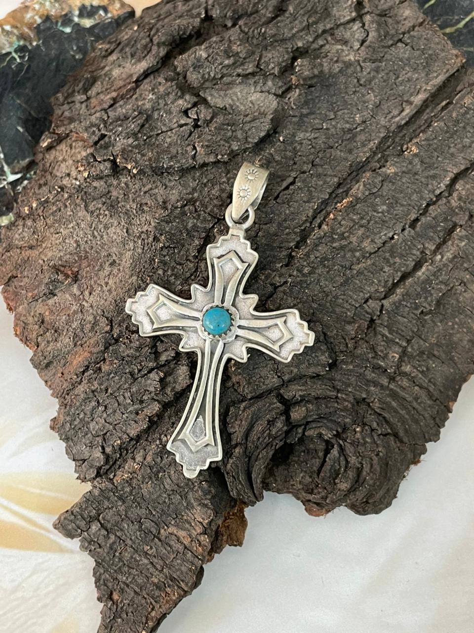Handmade Sterling Silver Kingman Turquoise Cross Pendant "Signed Nizhoni"