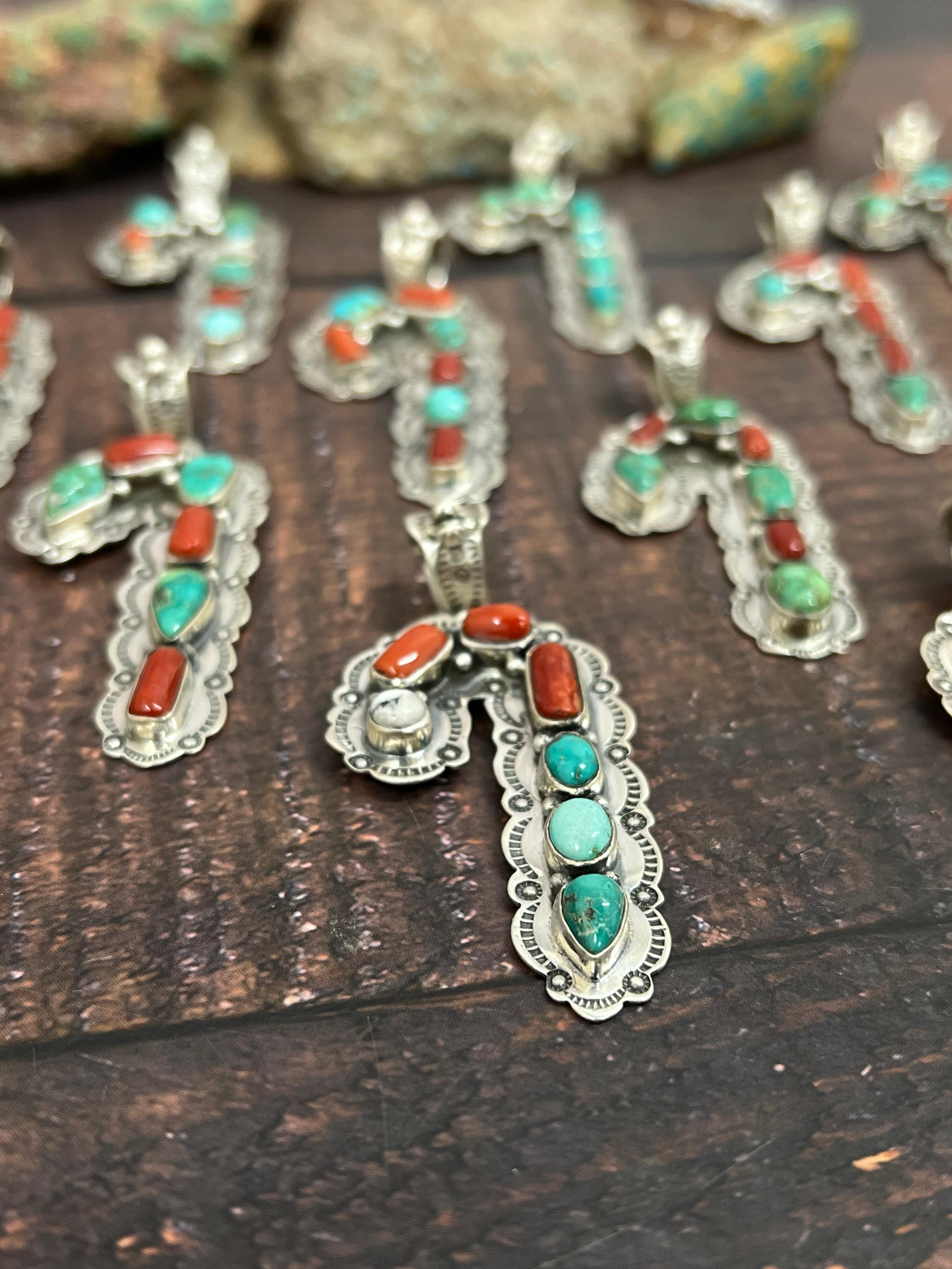 Handmade Sterling Silver Multi Stones Candy Cane Pendant, Signed Nizhoni