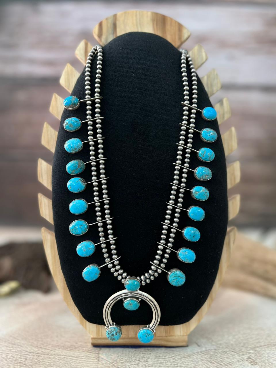 Handmade Sterling Silver Blue Bird with Arizona Blue Turquoise Beaded Necklace "Signed Nizhoni"