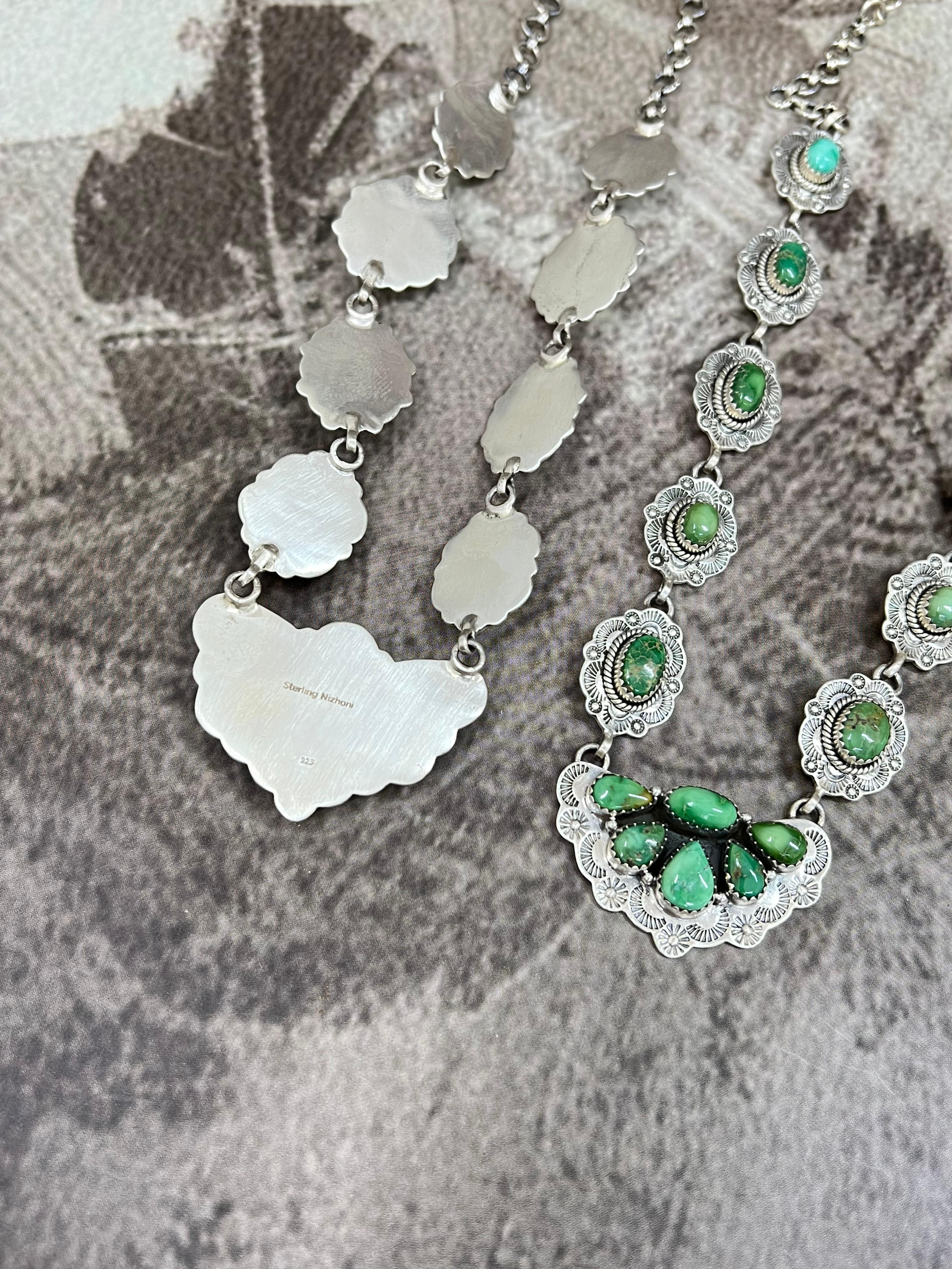 Handmade Sterling Silver Palomino, Sonoran Mountain Turquoise Necklace with Signed Nizhoni