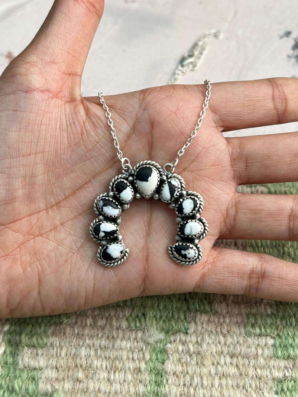 Handmade Sterling Silver White Buffalo Turquoise Naja Necklace "Signed Nizhoni"