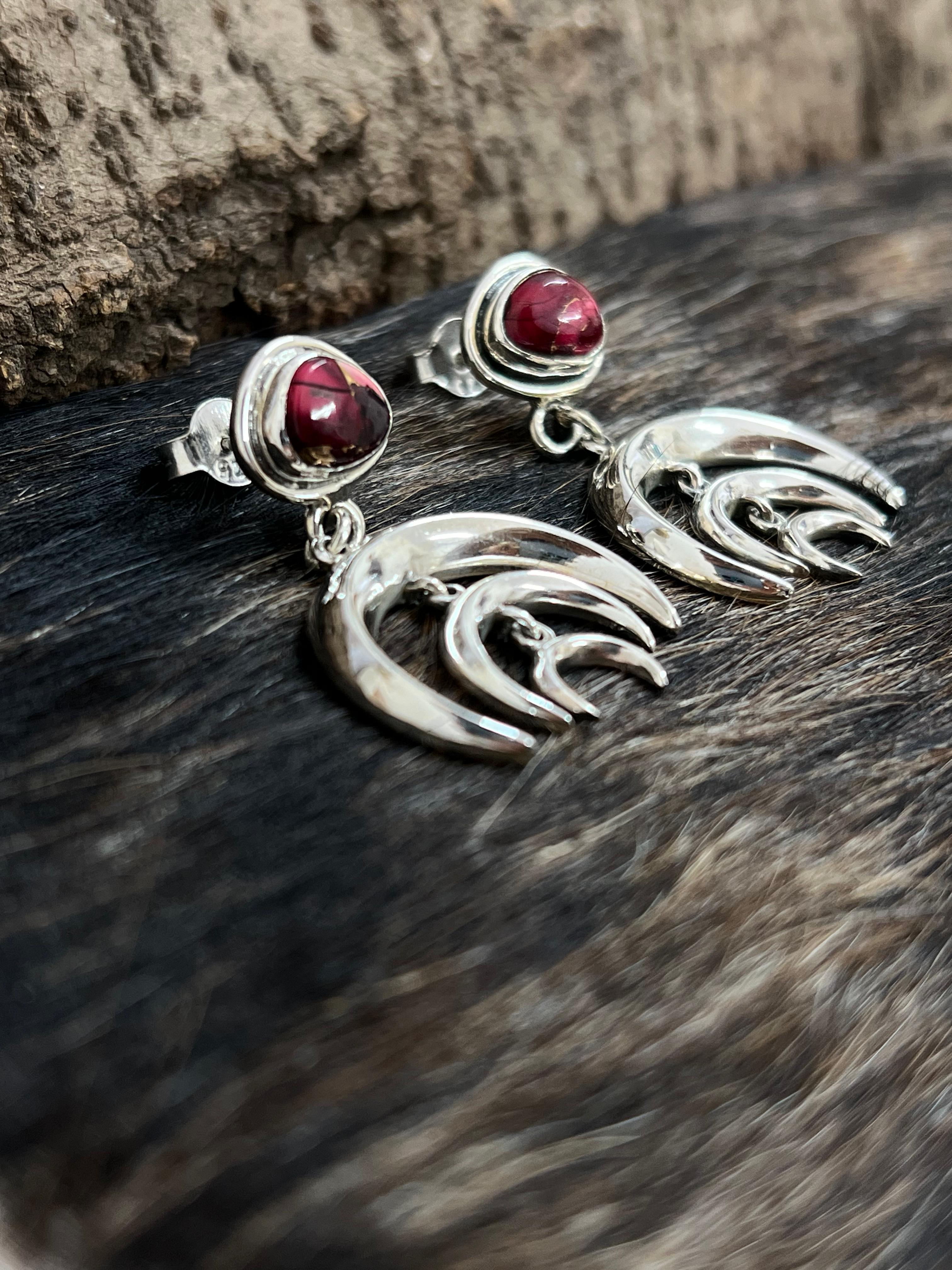 Handmade Sterling Silver Peacock Dahlia, Cotton Candy, Dahlia Rose Moon Shape Earrings, Signed Nizhoni