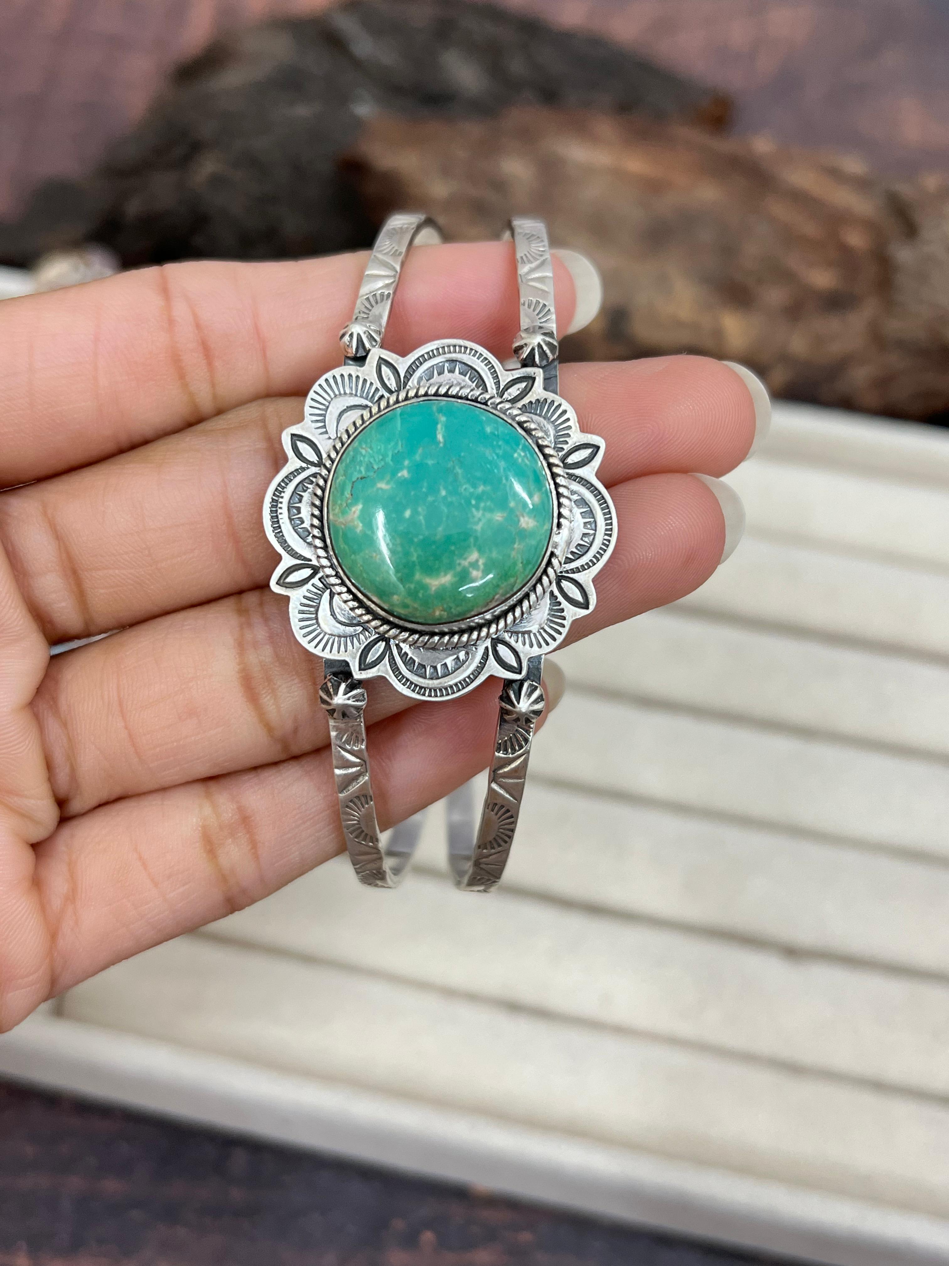 Handmade Sterling Silver Mantis Turquoise Cuff Bracelet Signed Nizhoni