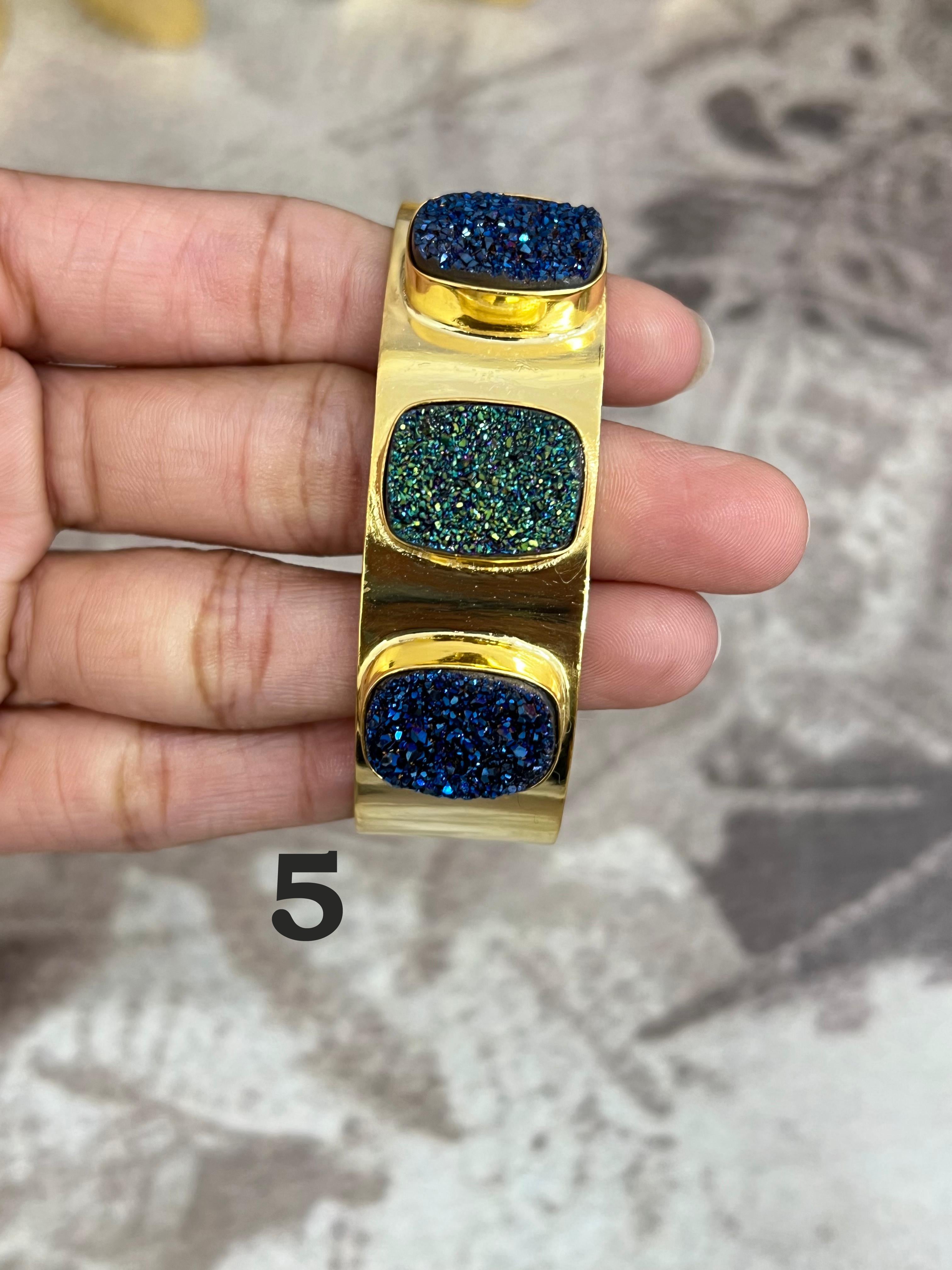 “The Boho Collection” Handmade Natural Gold Plated 3 Stone Druzy Wide Cuff Bracelet