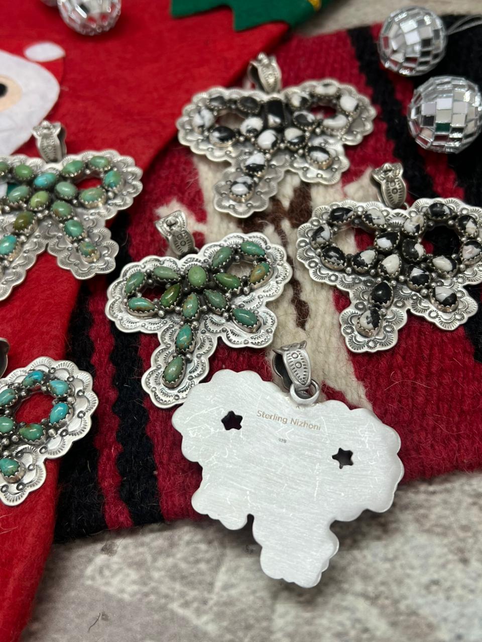 "Christmas Collection" Handmade Sterling Silver Kingman Turquoise, White Buffalo Pendant " Signed Nizhoni"