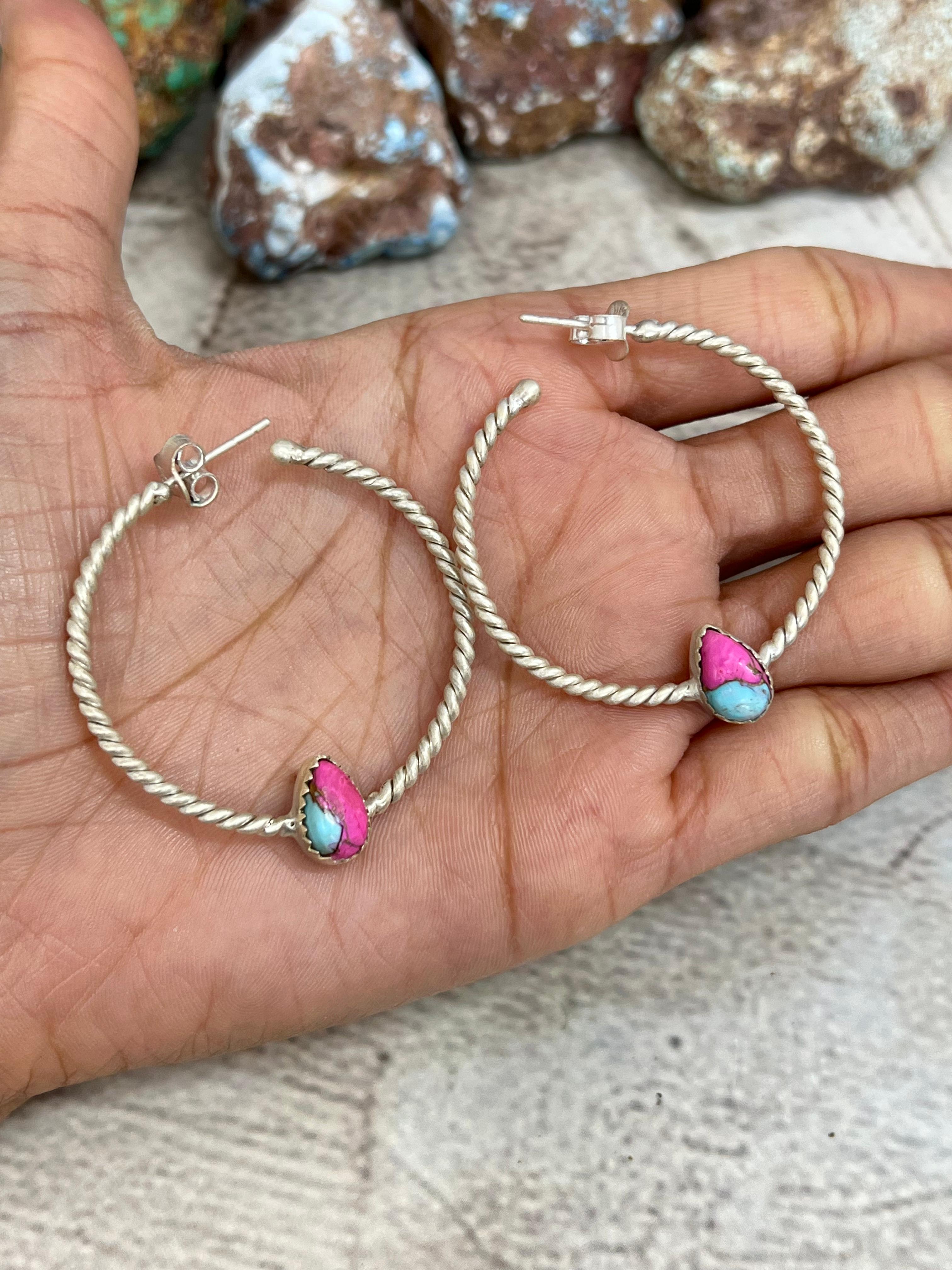 Handmade Sterling Silver Peacock Dahlia, Cotton Candy, Dahlia Rose Hoop Earrings, Signed Nizhoni