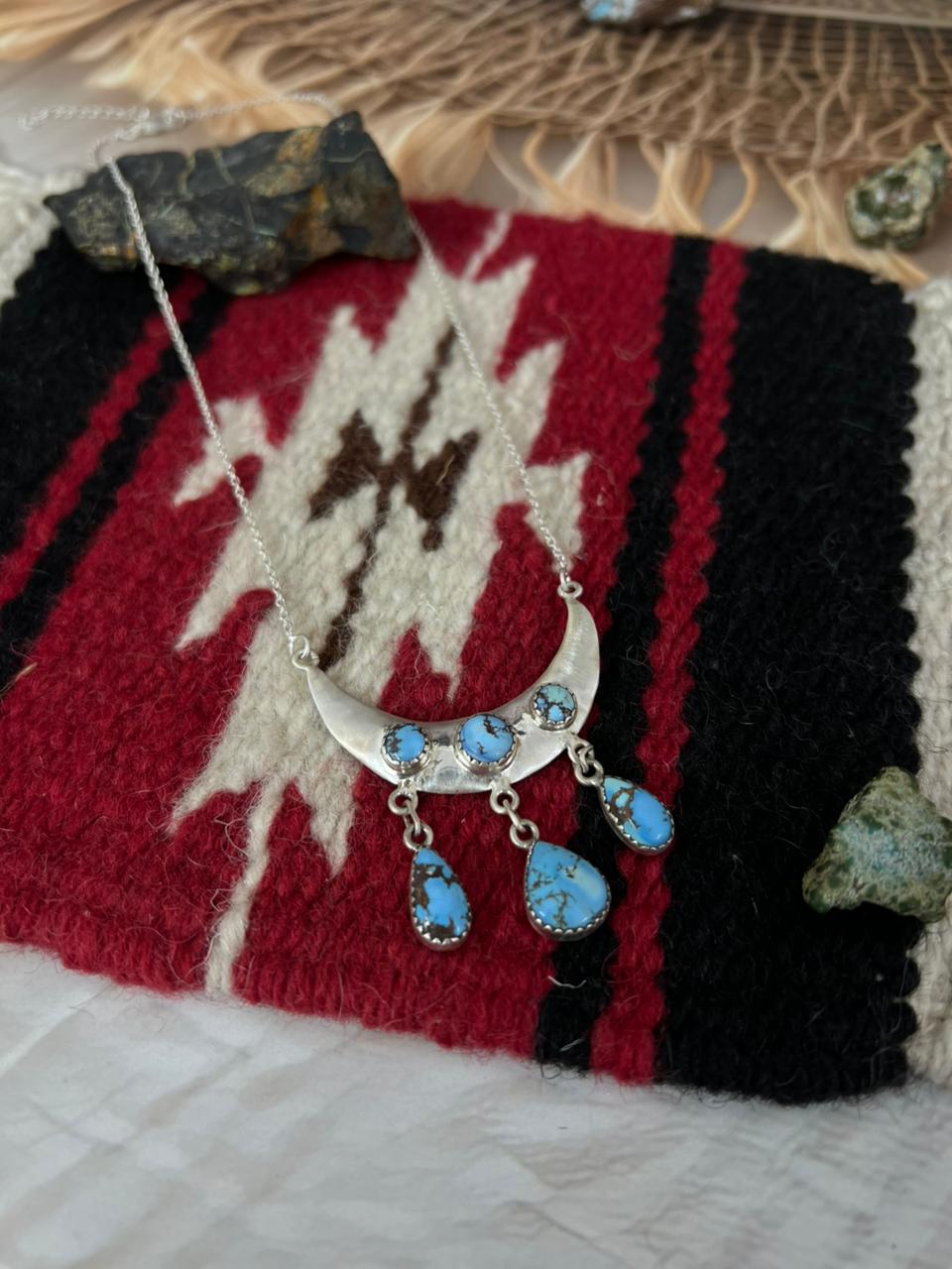 Handmade Sterling Silver Golden Hills Turquoise Moon Shape Necklace "Signed Nizhoni"