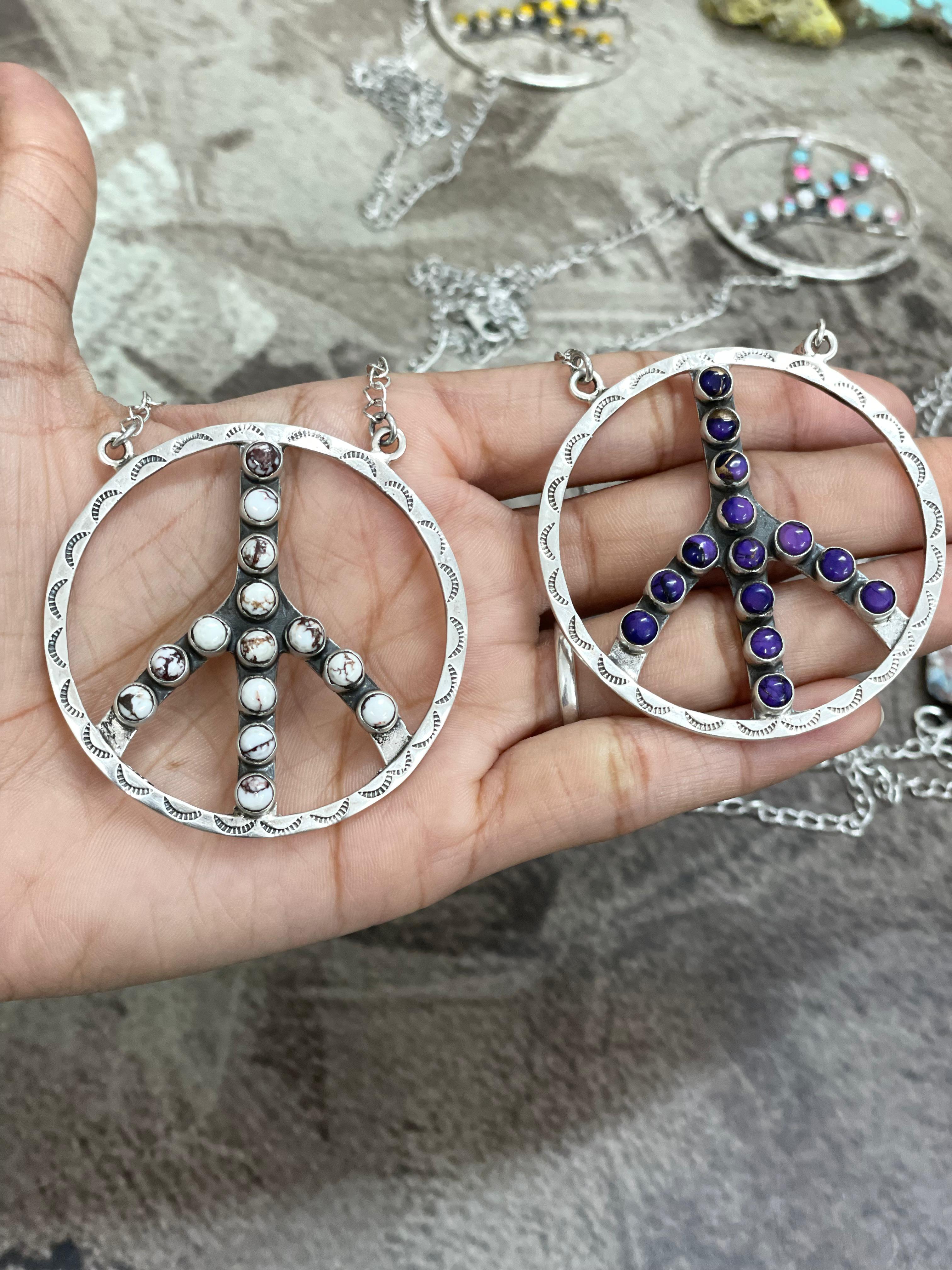 Handmade Sterling Silver Multi Stone PEACE Necklace Signed Nizhoni