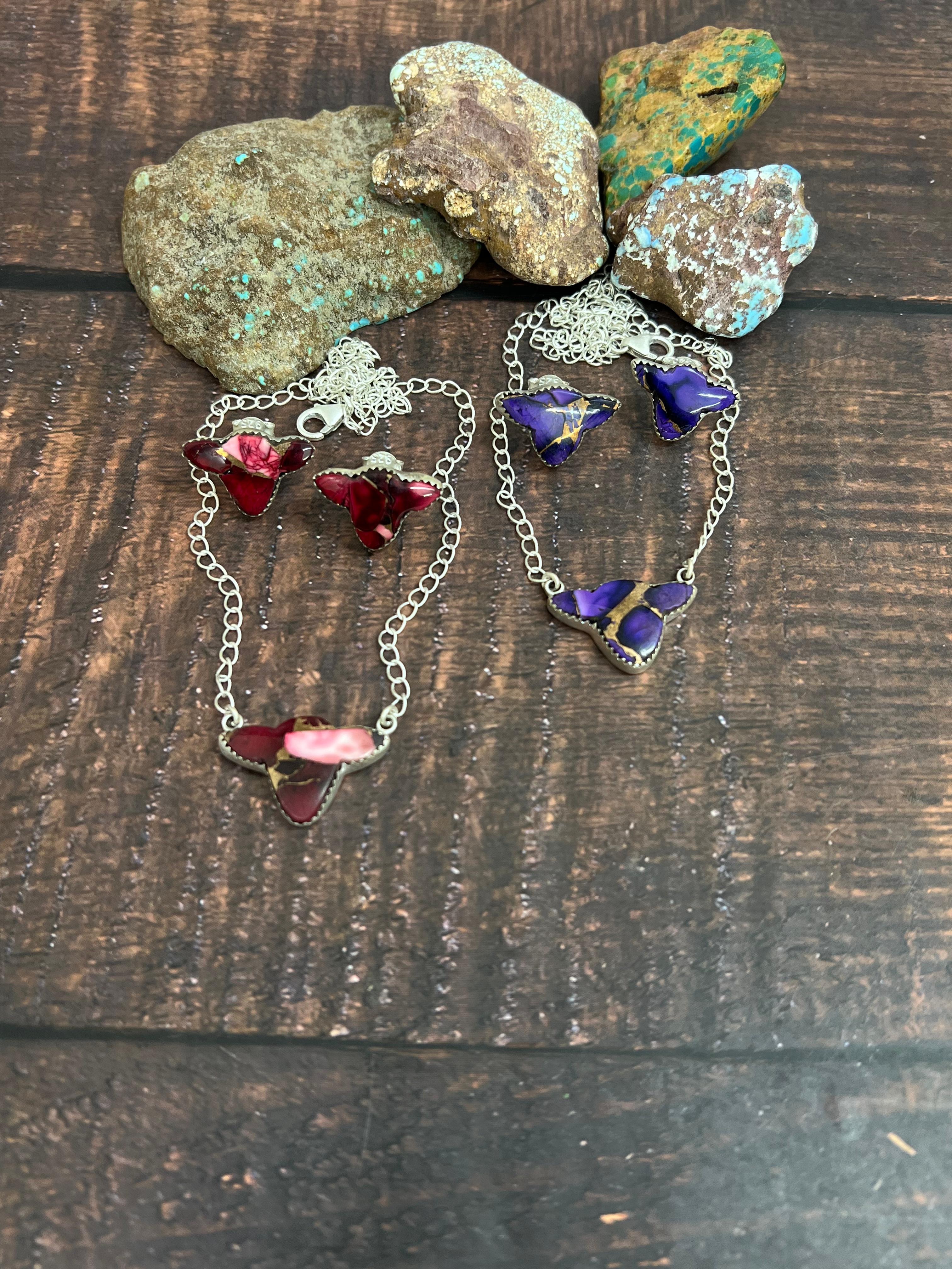 Handmade Sterling Silver Grape Dahlia, Dahlia Rose Bull Necklace Earrings Set with Signed Nizhoni