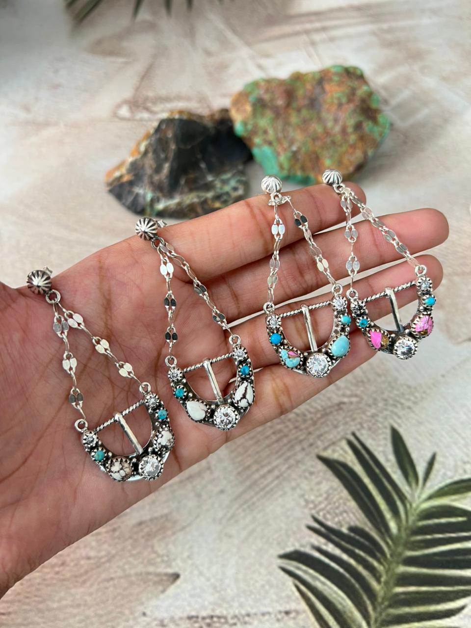 Handmade Sterling Silver Multi Stone Post Dangle Earrings "Signed Nizhoni"