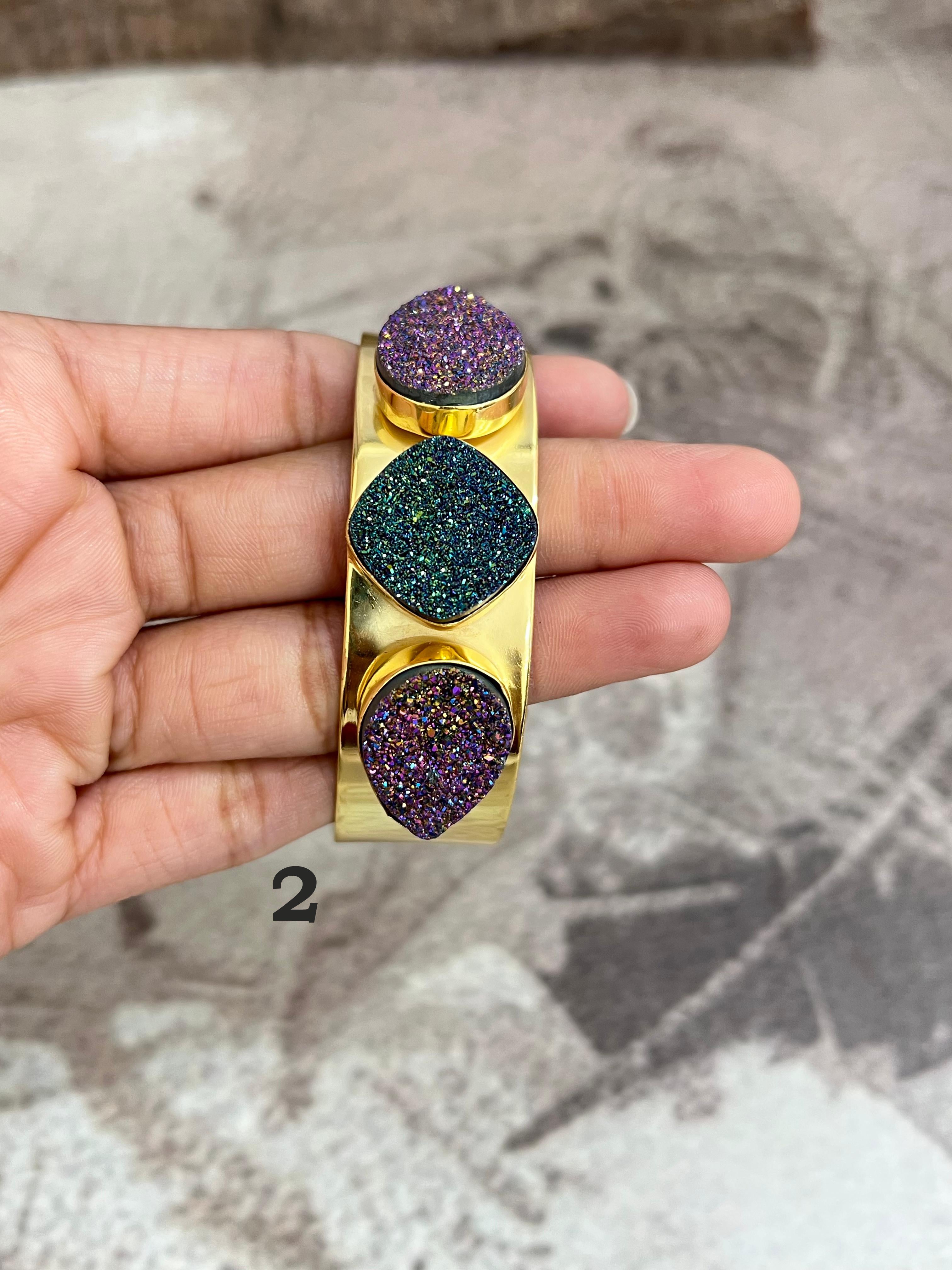 “The Boho Collection” Handmade Natural Gold Plated 3 Stone Druzy Cuff Bracelet
