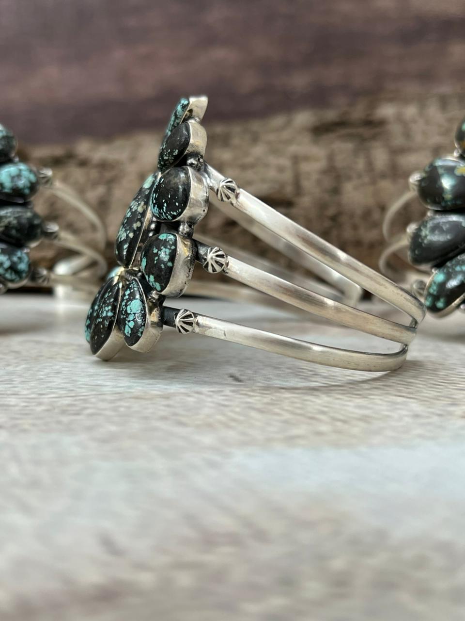 Handmade Sterling Silver Lander Turquoise Cuff Bracelet with Signed Nizhoni