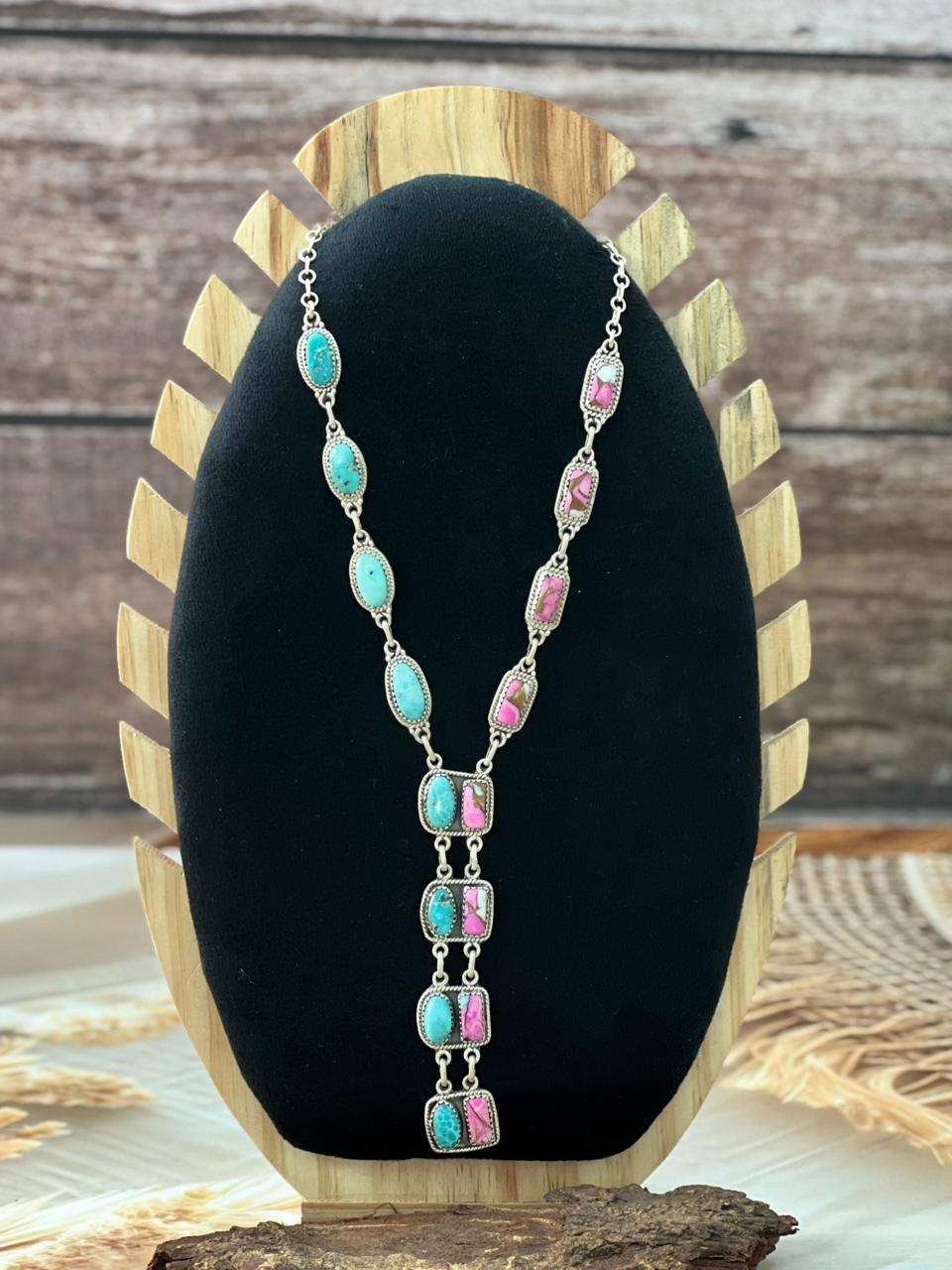 Handmade Sterling Silver White Water Turquoise with Cotton Candy Necklace "Signed Nizhoni"