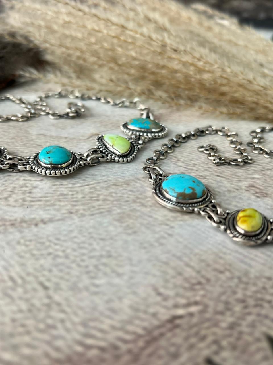 Handmade Sterling Silver Palomino with Blue Kingman Turquoise Necklace "Signed Nizhoni"