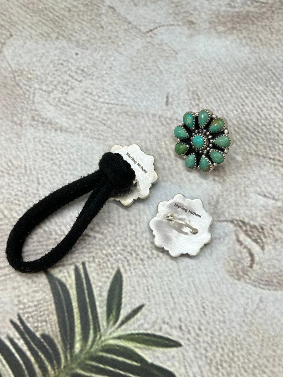 Handmade Sterling Silver Kingman Turquoise Hair Tie with Signed Nizhoni