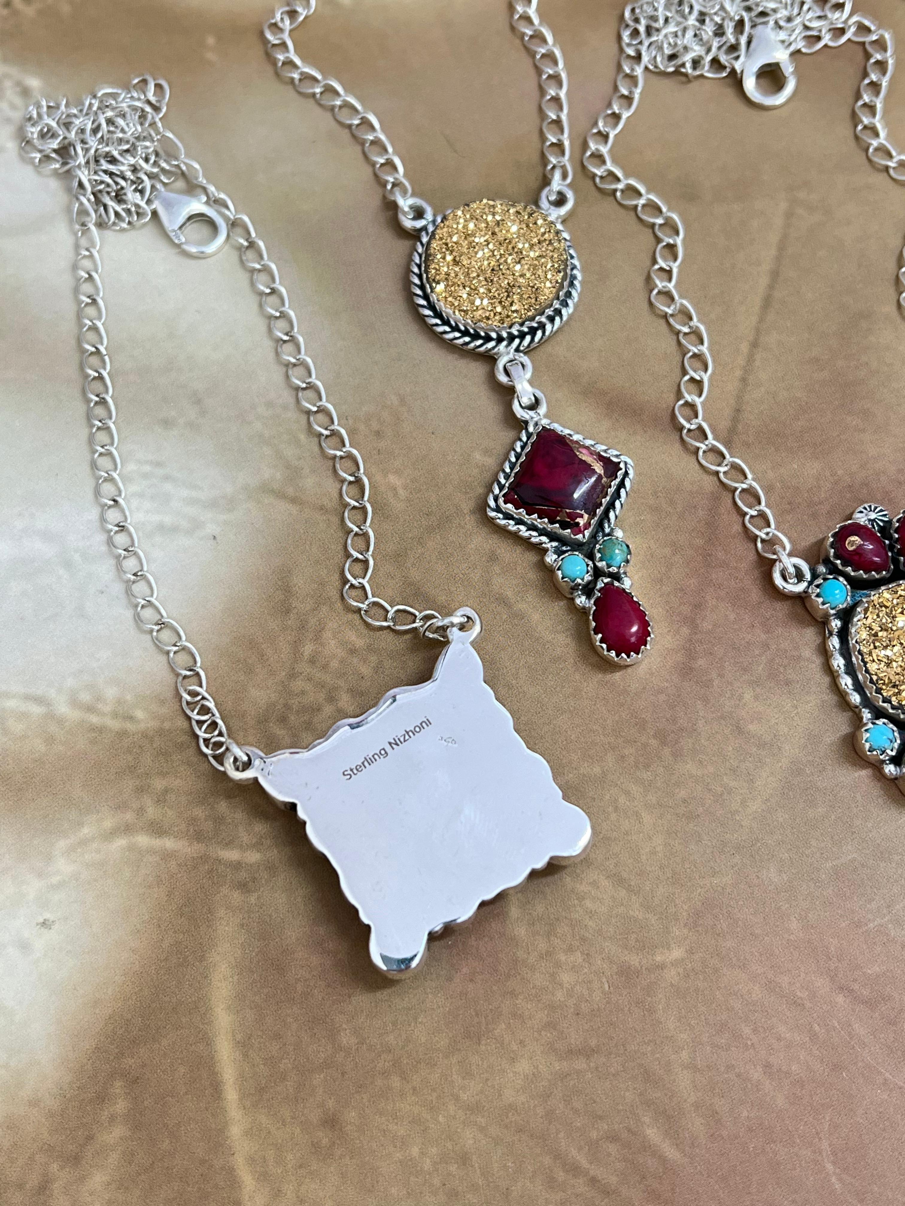 Handmade Sterling Silver Dahlia Rose with Druzy & Kingman Necklace, Signed Nizhoni