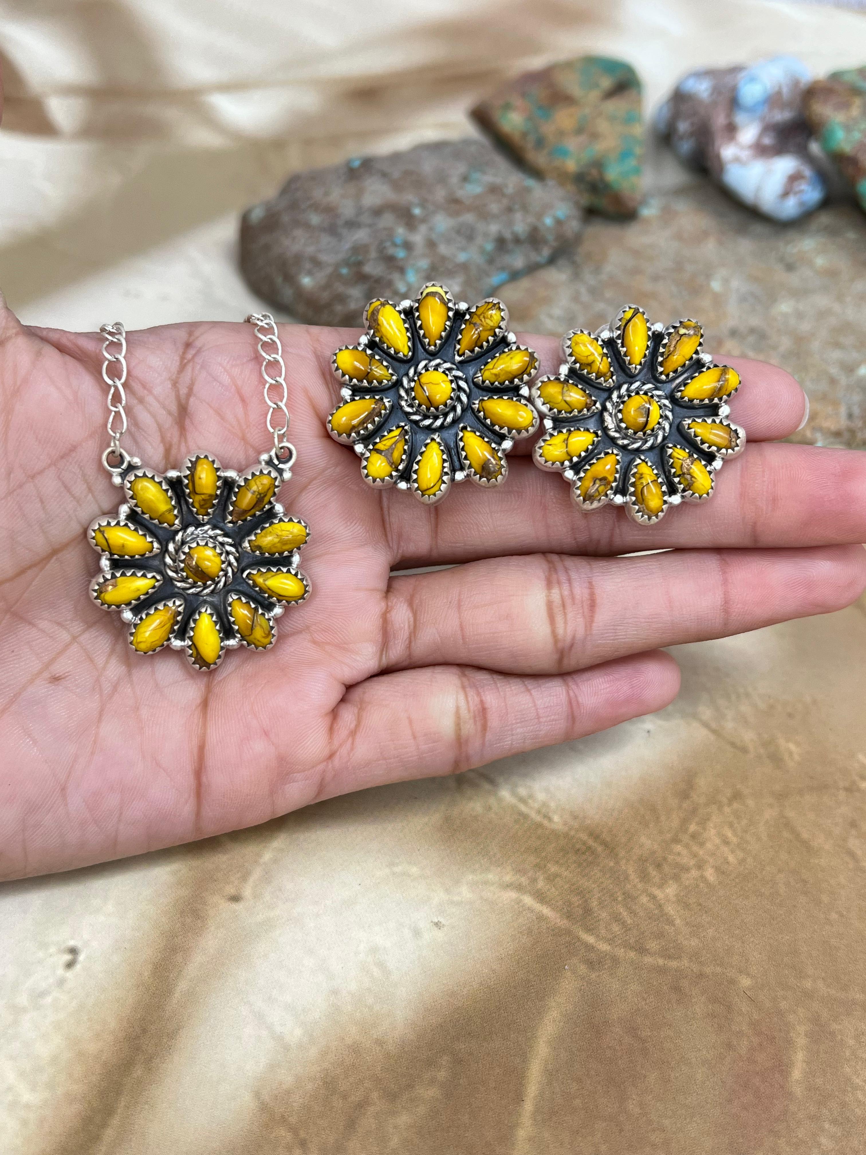 Handmade Sterling Silver Multi Stone Necklace Earrings Set, Signed Nizhoni