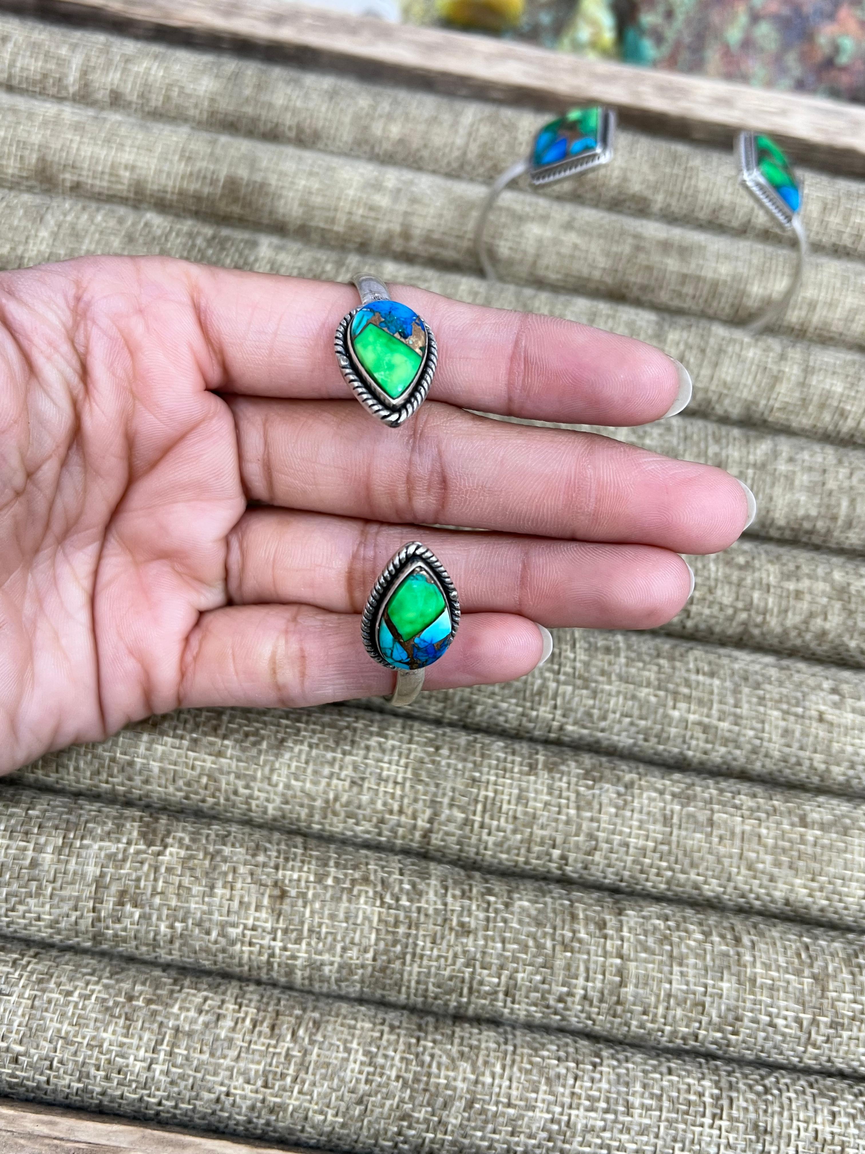 Handmade Sterling Silver Peacock Dahlia Cuff Bracelet with Signed Nizhoni