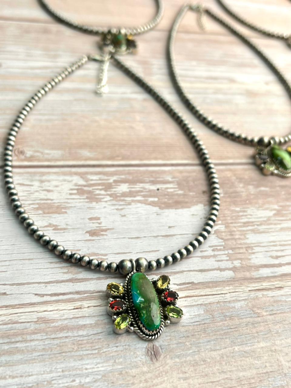 Handmade Sterling Silver Beaded Sonoran with Cut Stone Necklace "Signed Nizhoni"