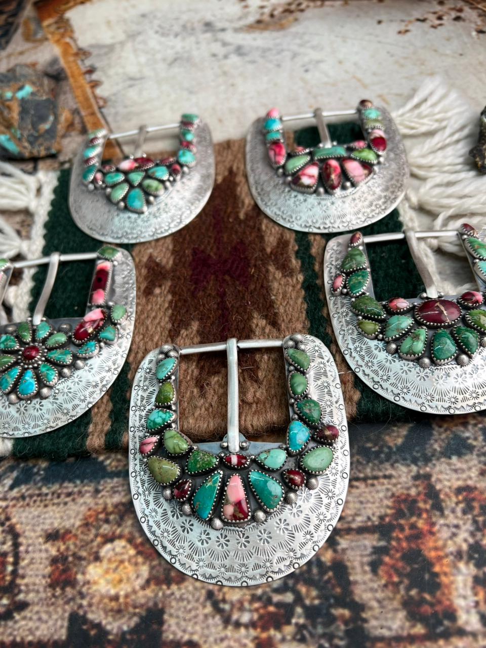 Handmade Sterling Silver Dahlia Rose with Emerald Valley Turquoise Buckle "Signed Nizhoni"