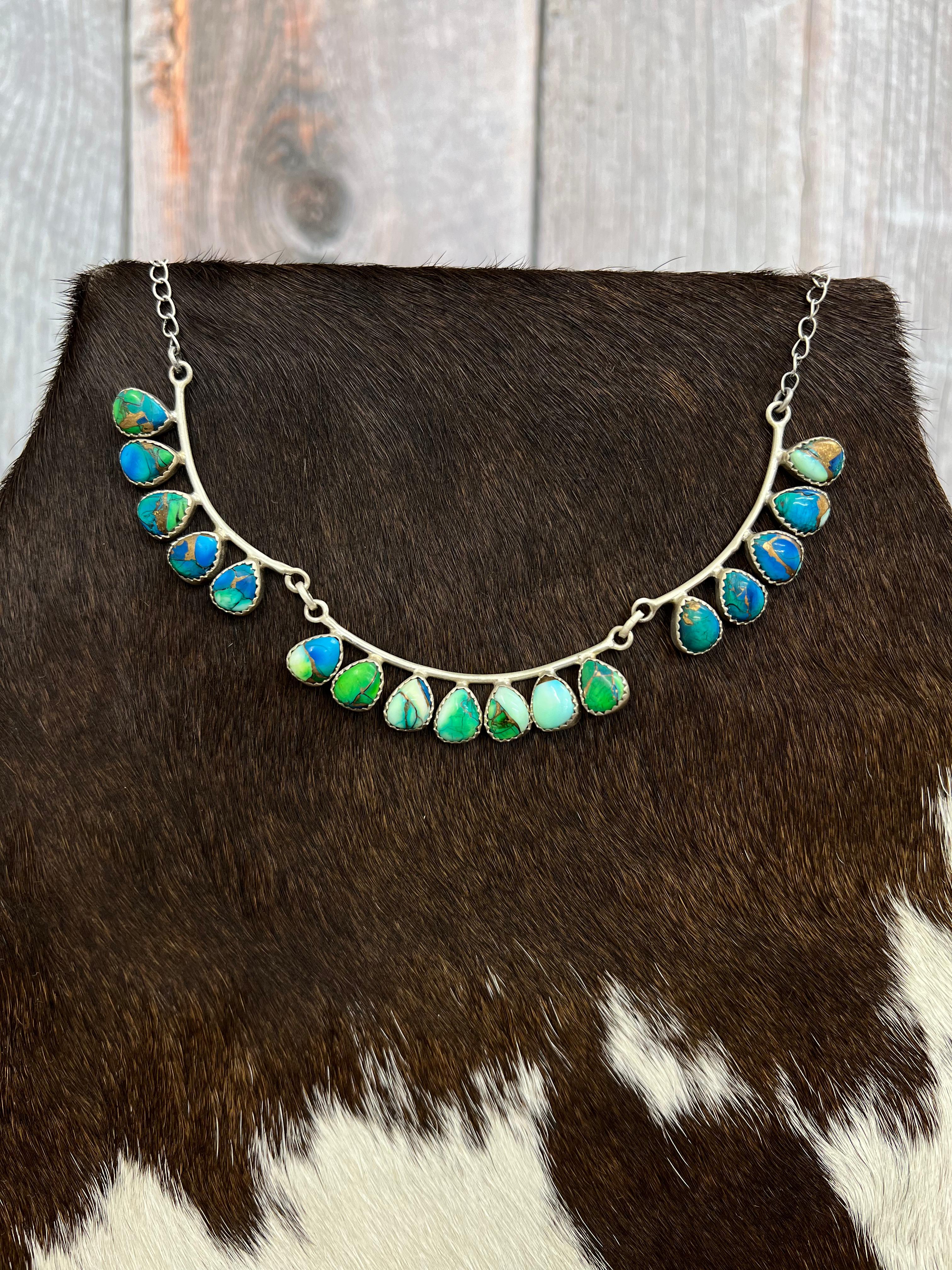 Handmade Sterling Silver Peacock Dahlia, Cotton Candy Turquoise Necklace with Signed Nizhoni