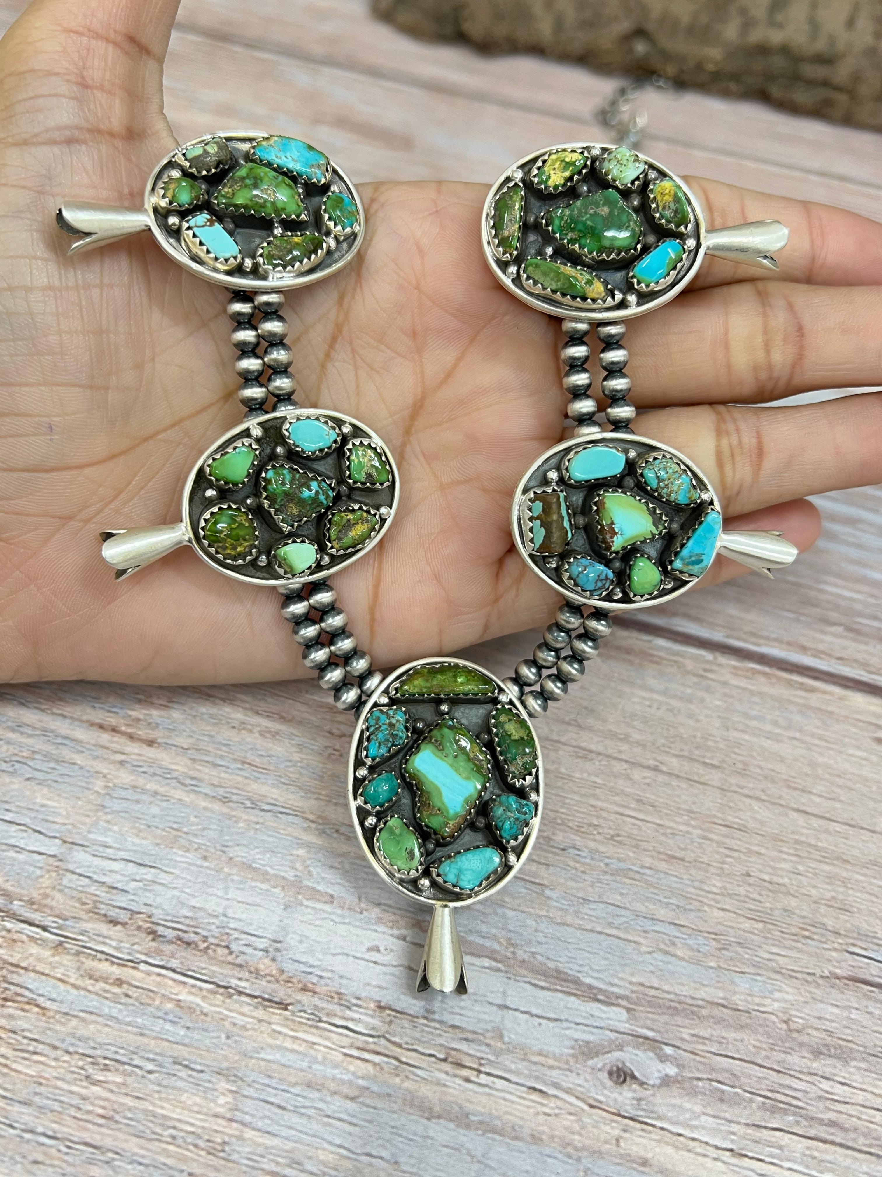 Handmade Sterling Silver Golden Hill Turquoise, Sonoran Mountain Turquoise Squash Blossom Beaded Necklace, Signed Nizhoni