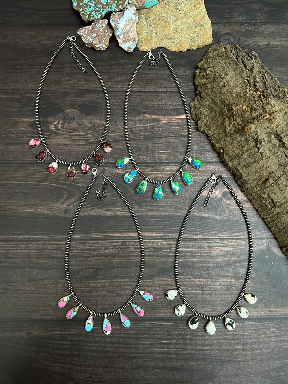 Handmade Sterling Silver Multi Stone Beaded Necklace with Signed Nizhoni