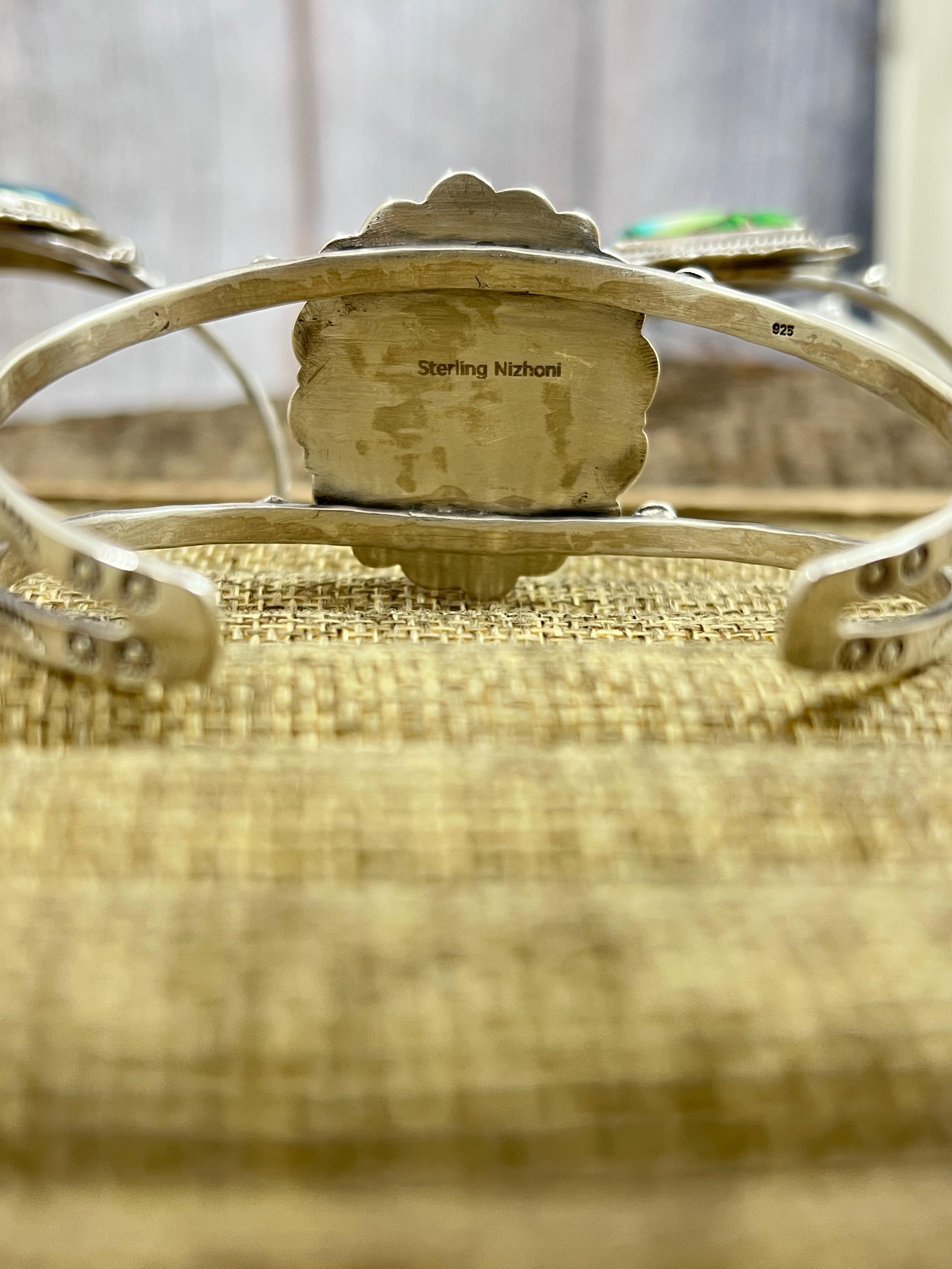 Handmade Sterling Silver Peacock Dahlia Cuff Bracelet with Signed Nizhoni