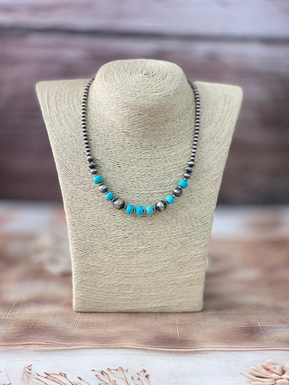 Handmade Sterling Silver Kingman Turquoise Beaded Necklace "Signed Nizhoni"