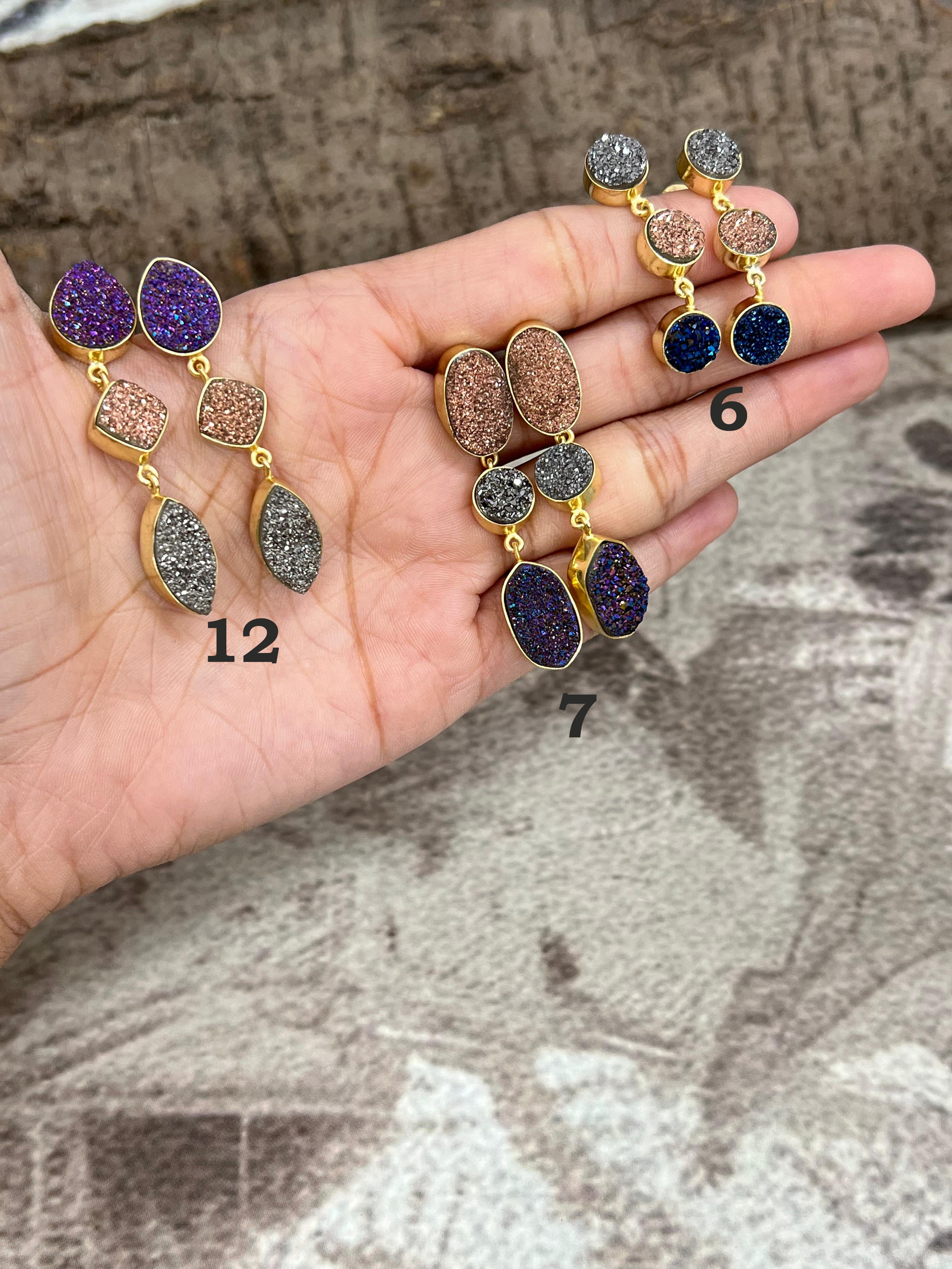 “The Boho Collection” Handmade Natural 3 Stone Druzy Post Dangle Earrings