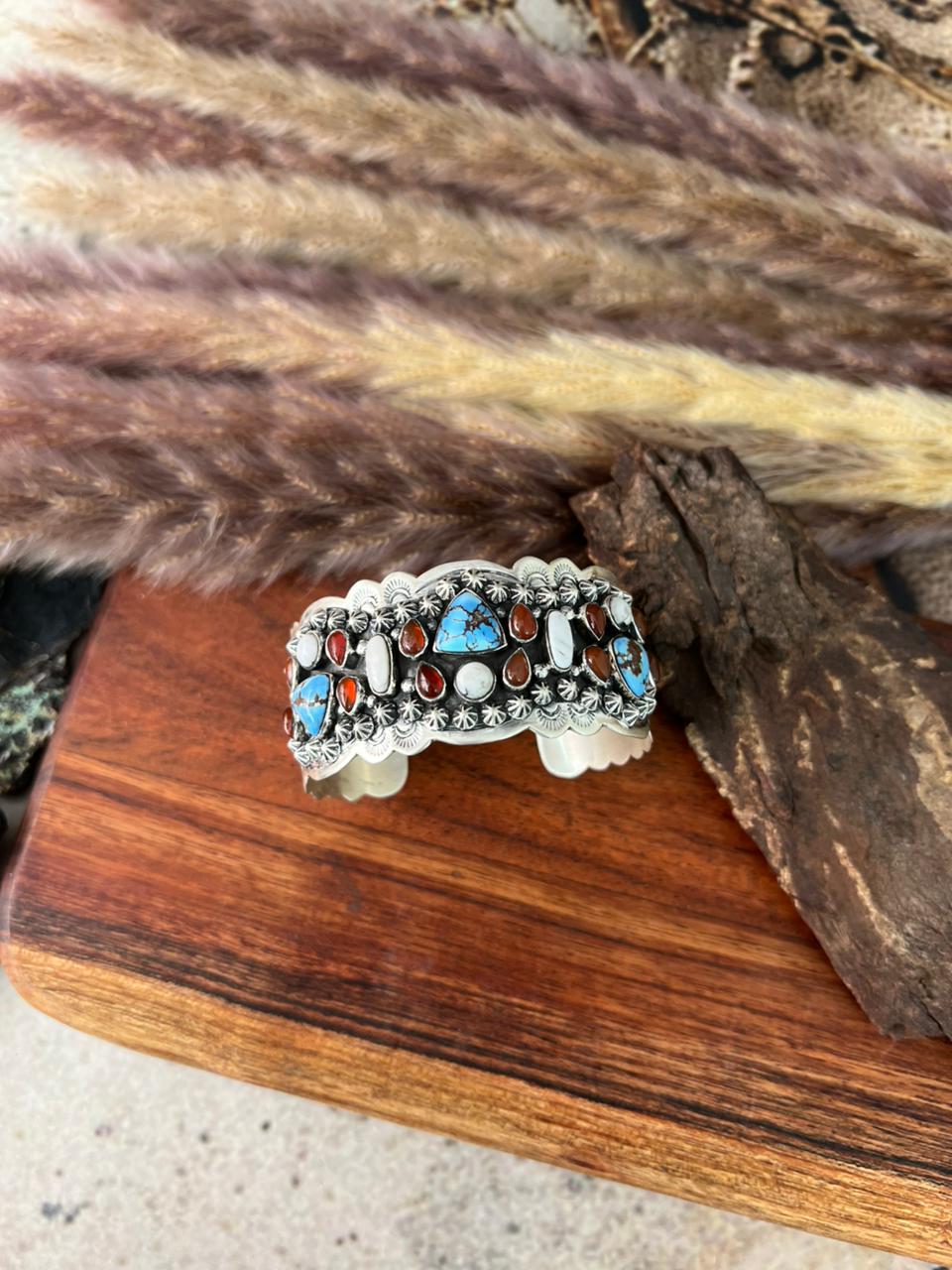Handmade Sterling Silver Canyon Sunset Collection: Golden Hills Turquoise with White Buffalo and Carnelian Cuff Bracelet "Signed Nizhoni"