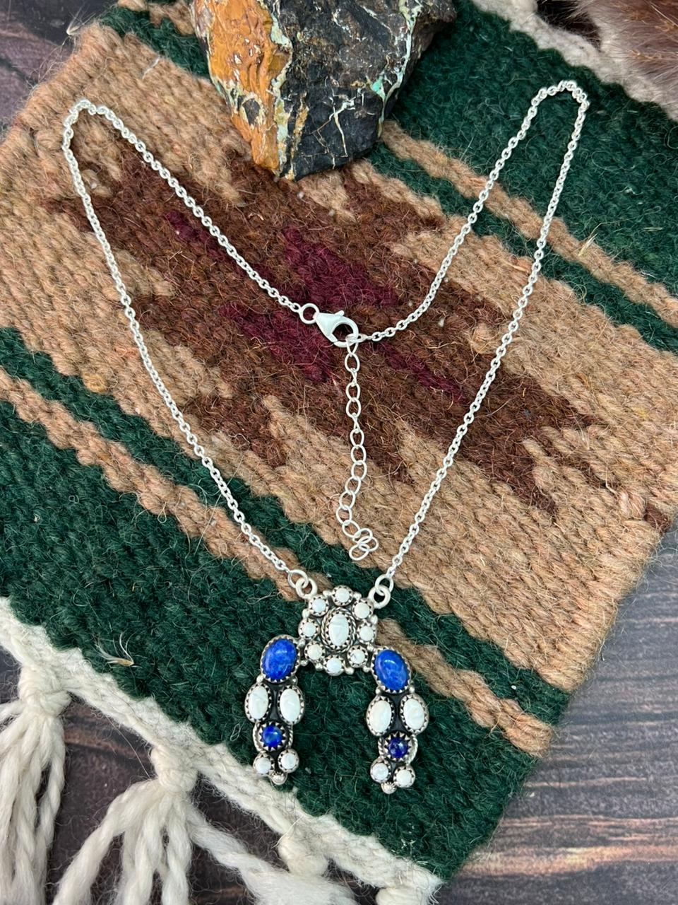 Handmade Sterling Silver White Buffalo with Lapis Naja Necklace "Signed Nizhoni"