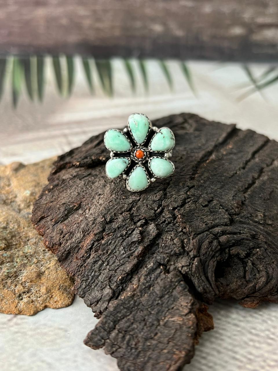 Handmade Sterling Silver Orange Mojave with Paloma Turquoise Adjustable Ring "Signed Nizhoni"
