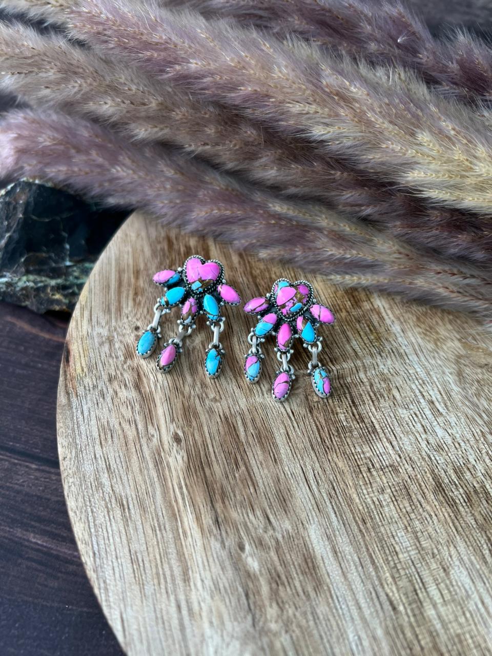 Handmade Sterling Silver Cotton Candy Post Dangle Heart Earrings "Signed Nizhoni"