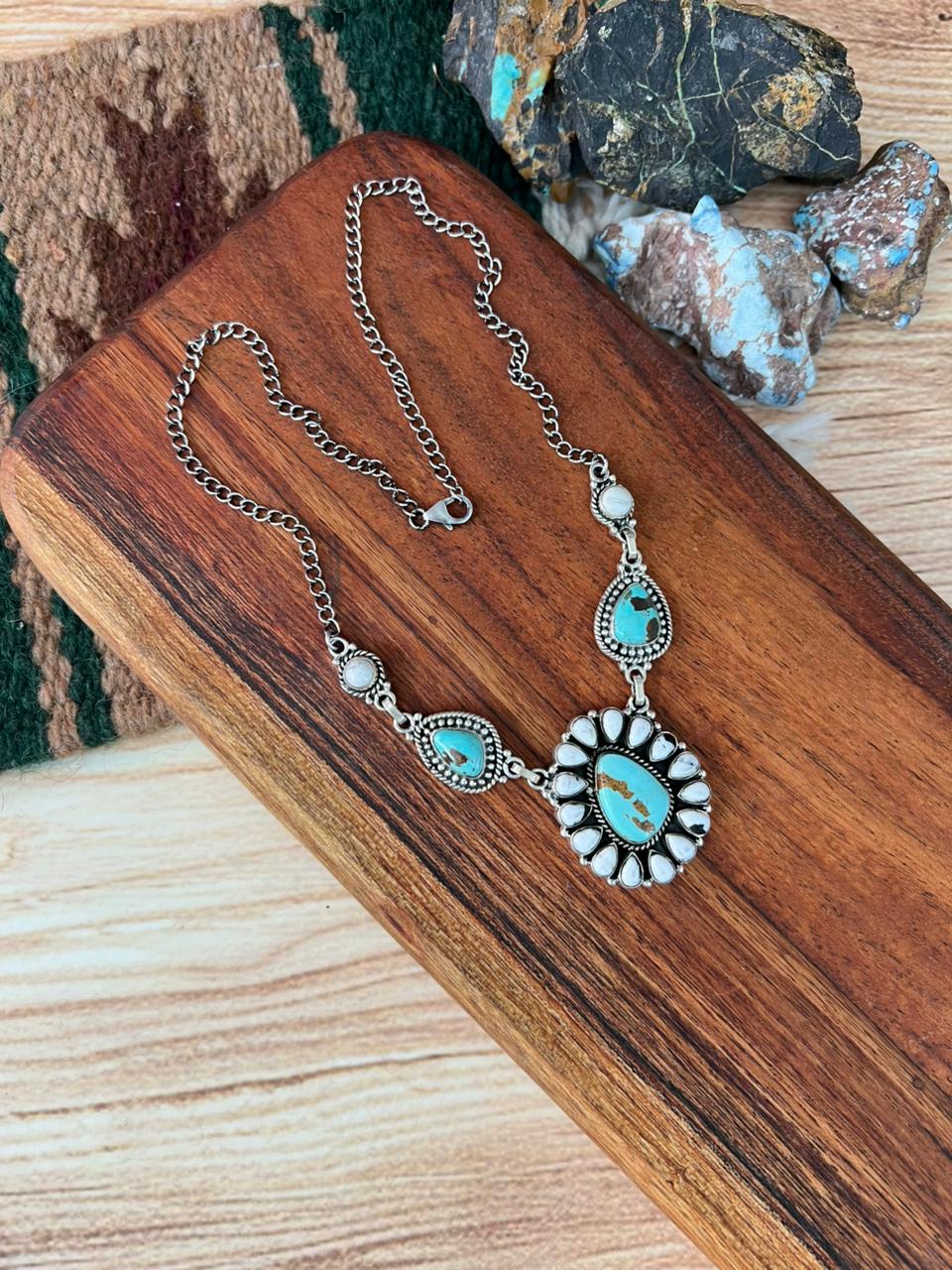 Handmade Sterling Silver White Buffalo with Royston Turquoise Necklace "Signed Nizhoni"