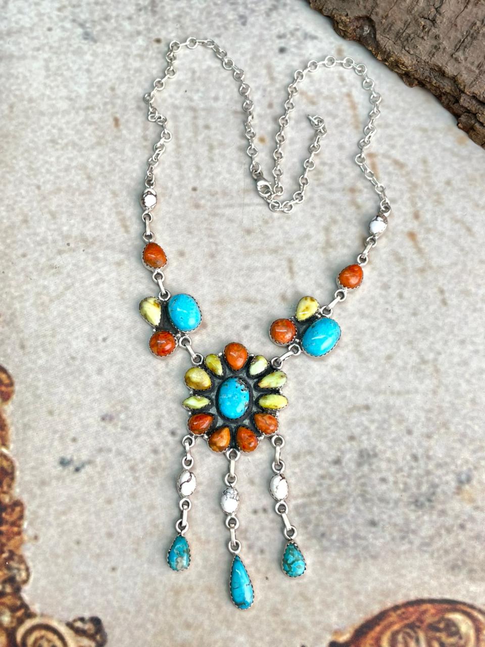 Handmade Sterling Silver Multi Stone Collection: Palomino with Orange Mojave, Wildhorse Magnesite and Arizona Blue Turquoise Necklace "Signed Nizhoni"