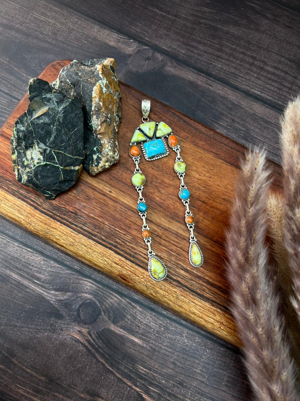 Handmade Sterling Silver Multi Stone Collection: Palomino with Orange Mojave and Arizona Blue Turquoise Pendant "Signed Nizhoni"