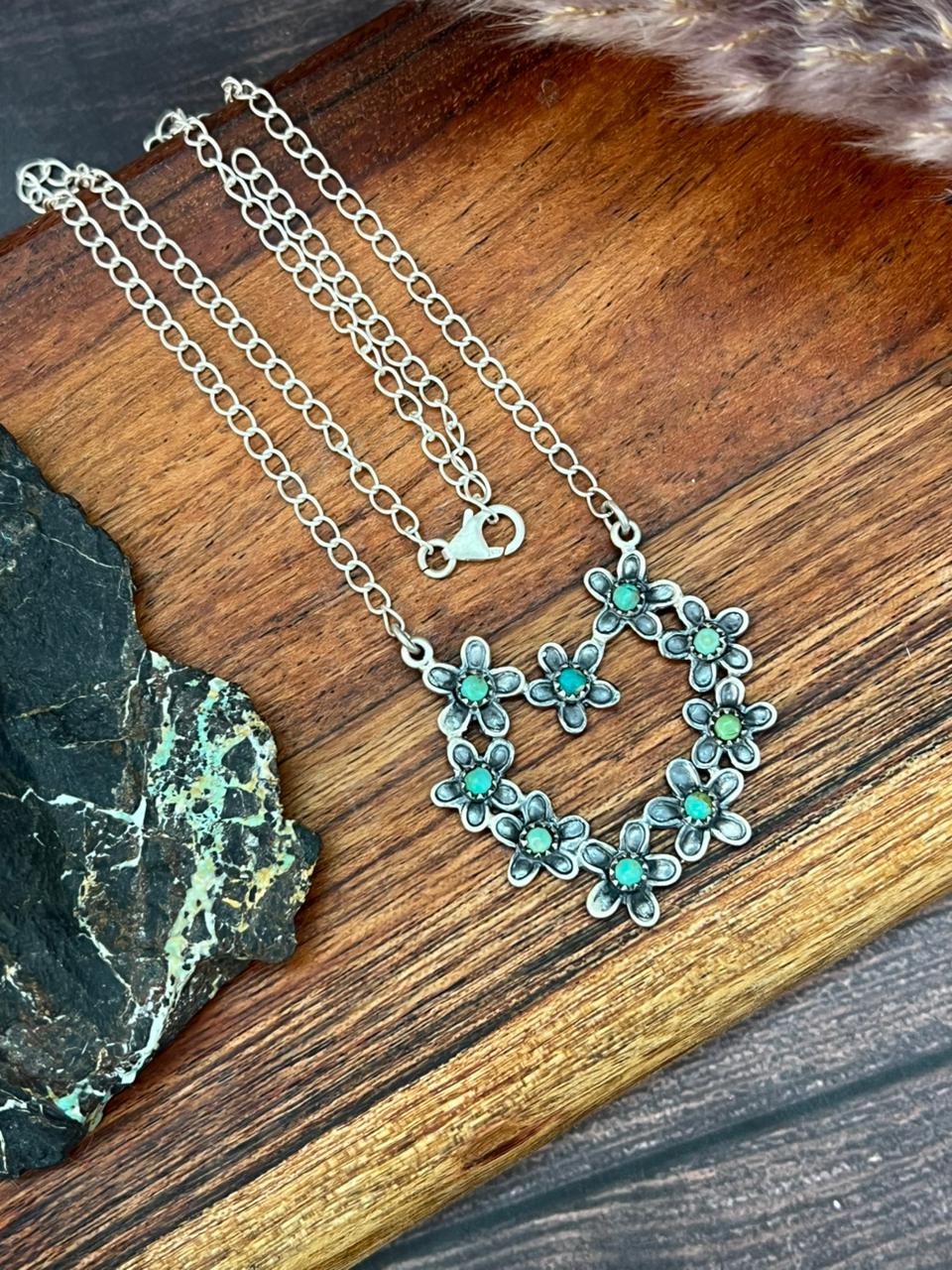 Handmade Sterling Silver Flower Collection: Kingman Turquoise Heart Necklace "Signed Nizhoni" (8)