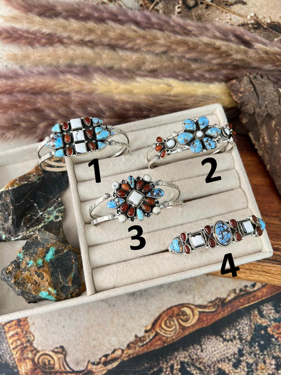 Handmade Sterling Silver Canyon Sunset Collection: Golden Hills Turquoise with White Buffalo and Carnelian Cuff Bracelet "Signed Nizhoni"