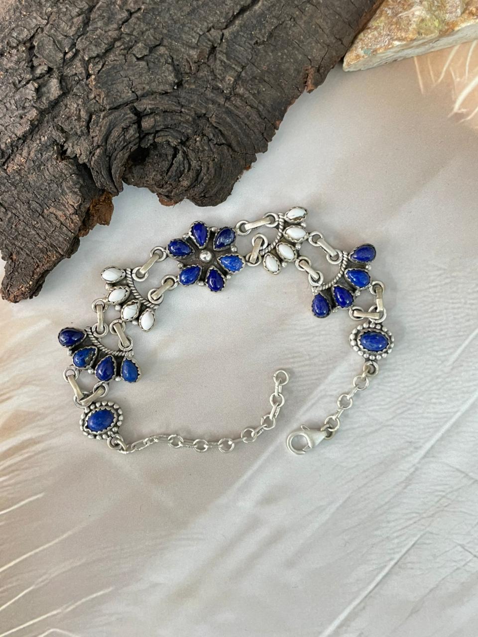 Handmade Sterling Silver White Buffalo with Lapis Bracelet "Signed Nizhoni" (1)