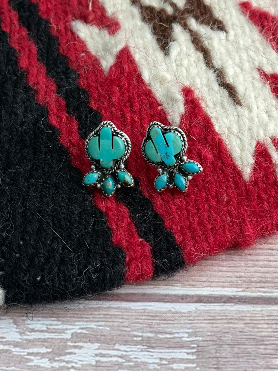 Handmade Sterling Silver Kingman Turquoise Post Studs Cactus Earrings "Signed Nizhoni"
