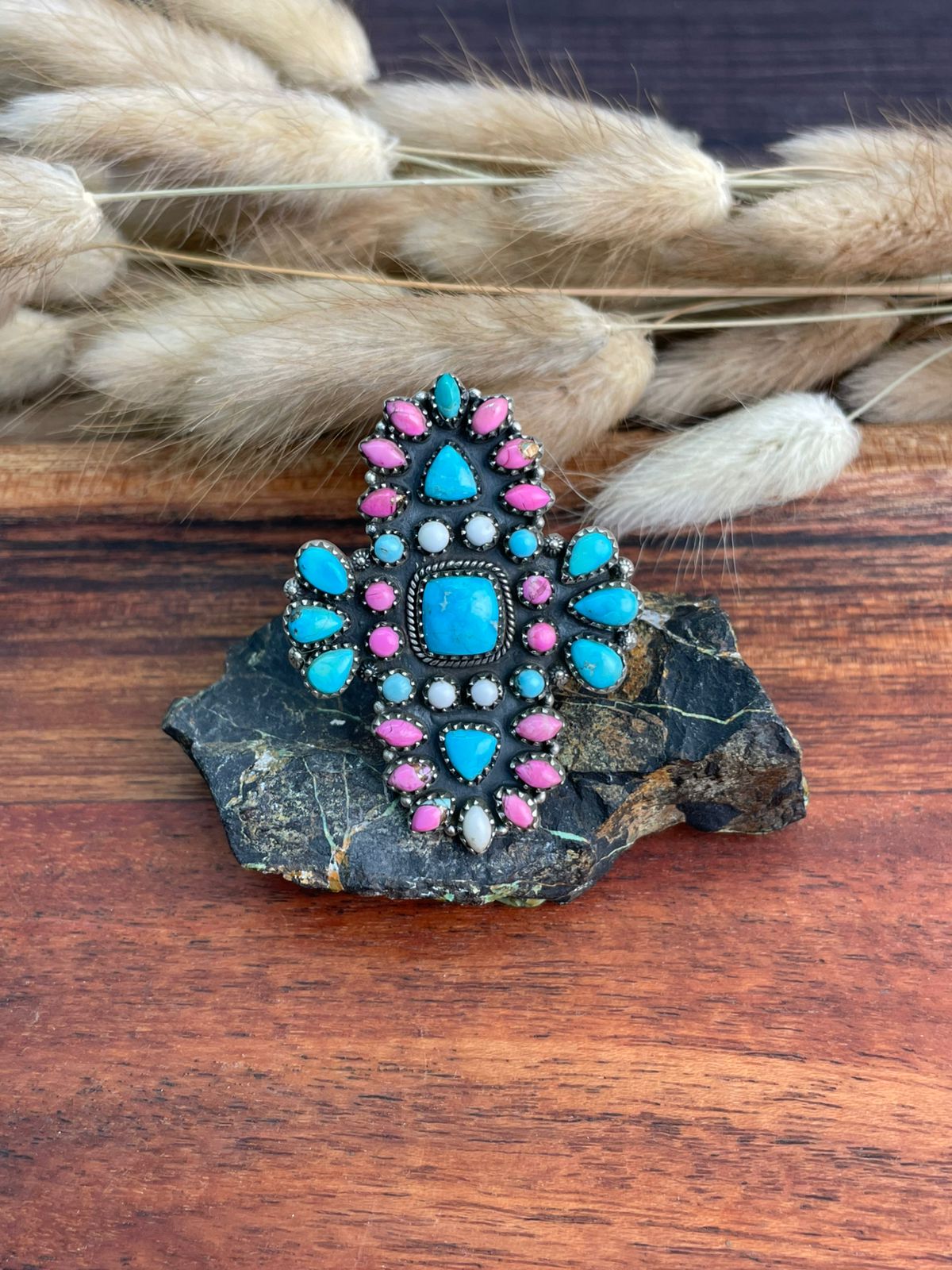 Handmade Sterling Silver Sierra Bella Turquoise with Cotton Candy Collection: Adjustable Ring "Signed Nizhoni"